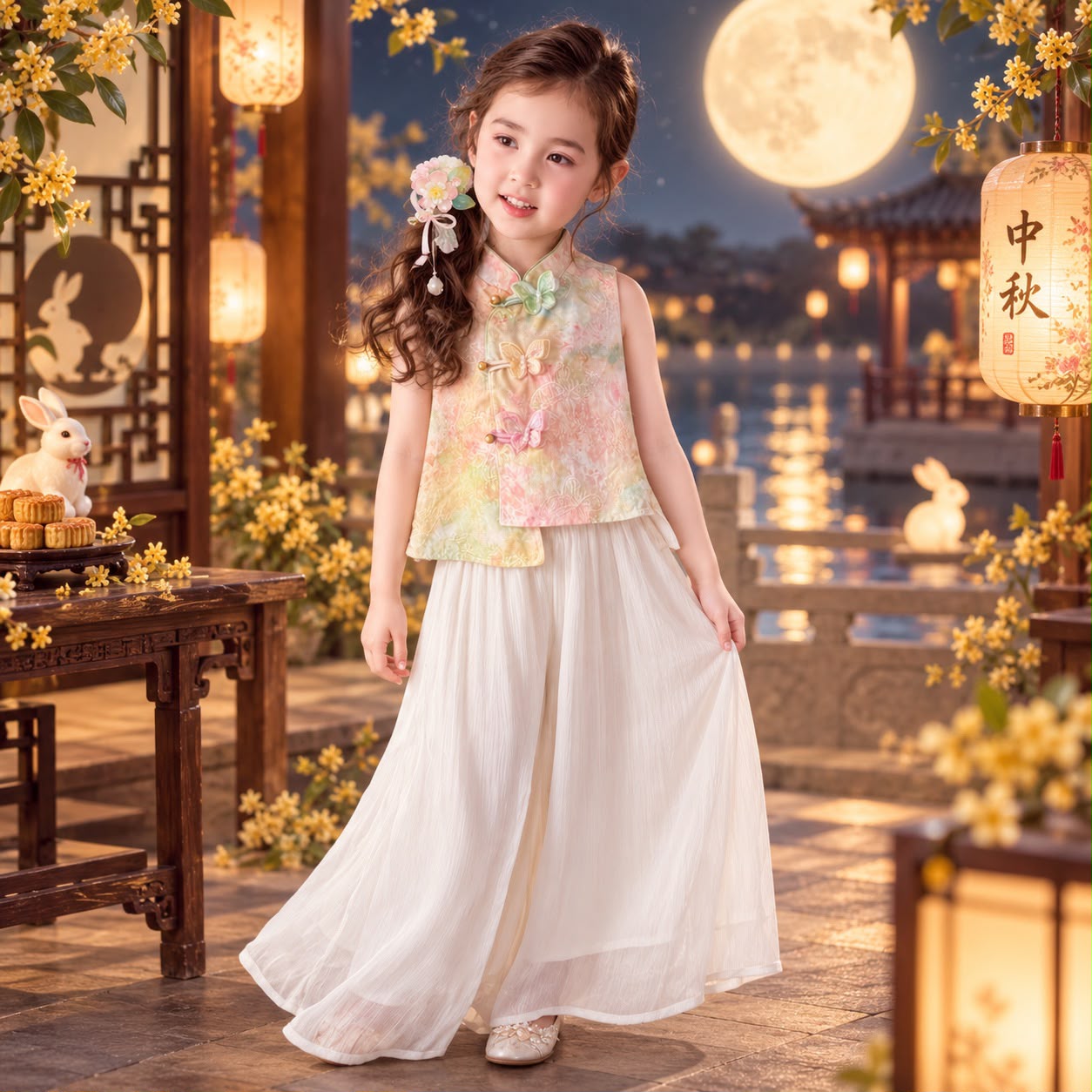 中秋兒童粉彩中式套裝 女童新中式上衣白色長裙花朵髮飾 Mid-Autumn Kids Costume 香港