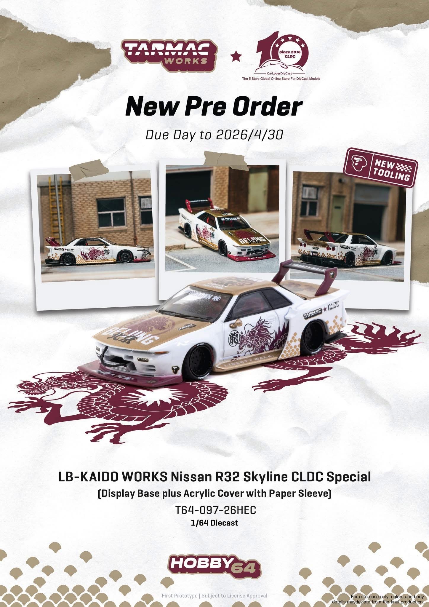 （預訂 Pre Order) Tarmac Works (T64-097-26HEC ) LB-KAIDO WORKS Nissan R32 Skyline CLDC Special (Display Base plus Acrylic Cover with Paper Sleeve)