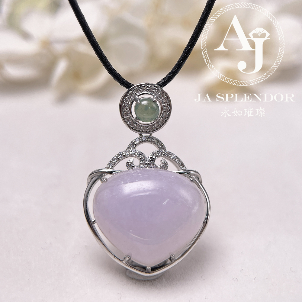 JNS-49 天然翡翠A 冰潤紫羅蘭心心相印綠色頂珠吊墜