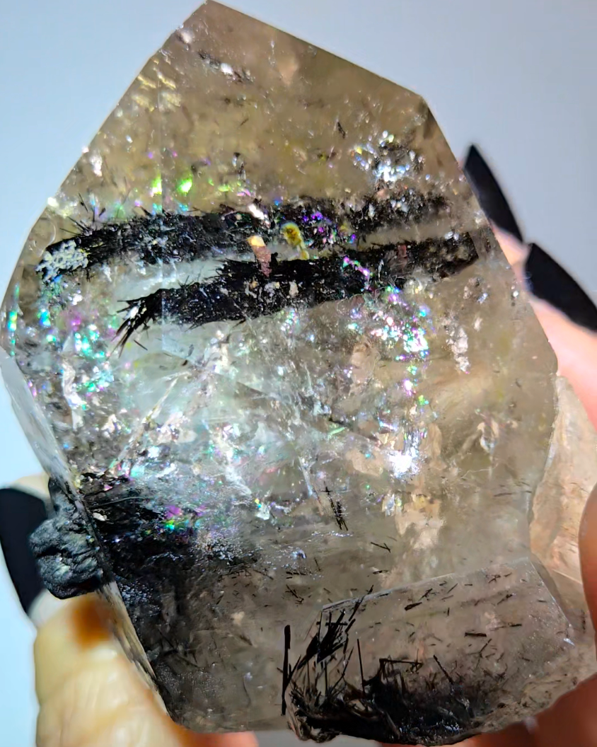 Black tourmaline inclusion smoky quartz with rainbows - RT1457