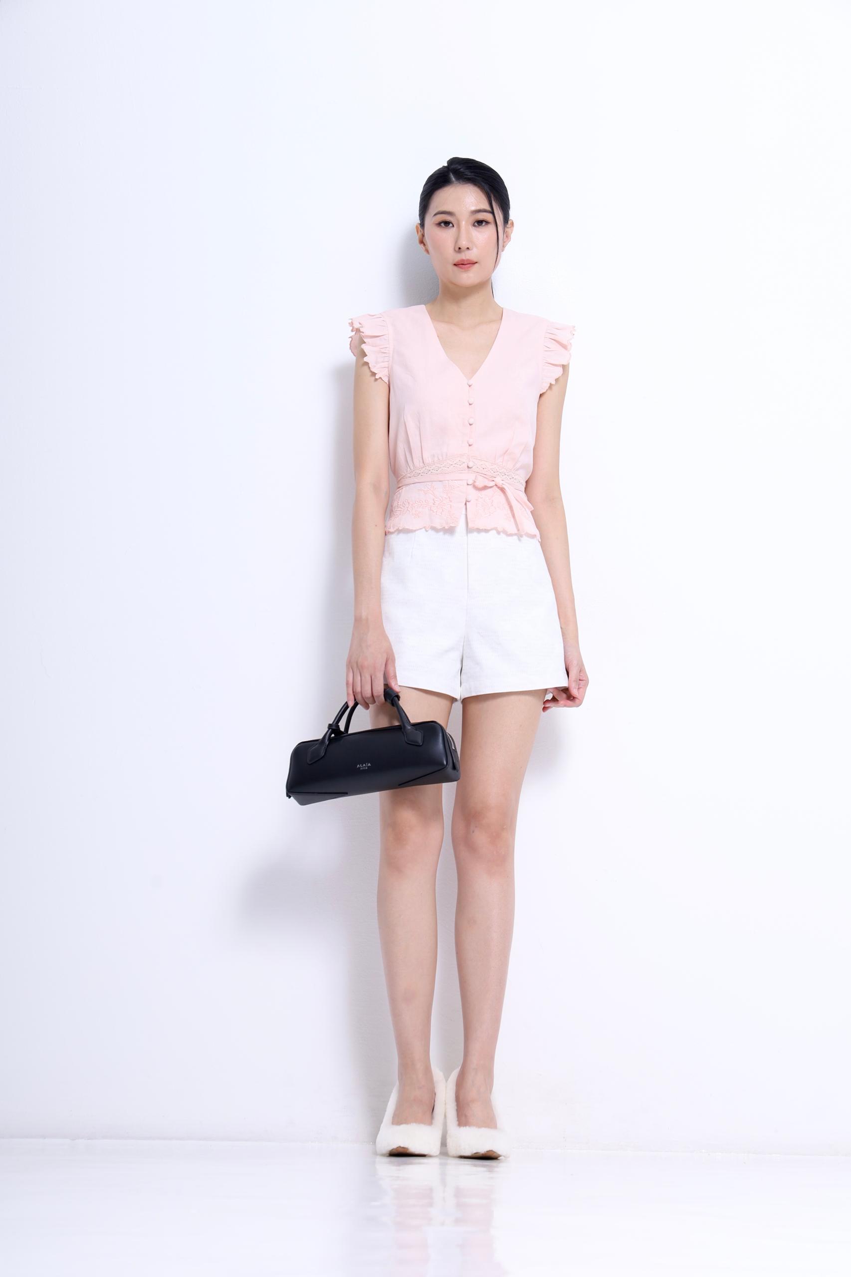 CB2758 Embroidered Ruffle Sleeve Waist-Tie Blouse