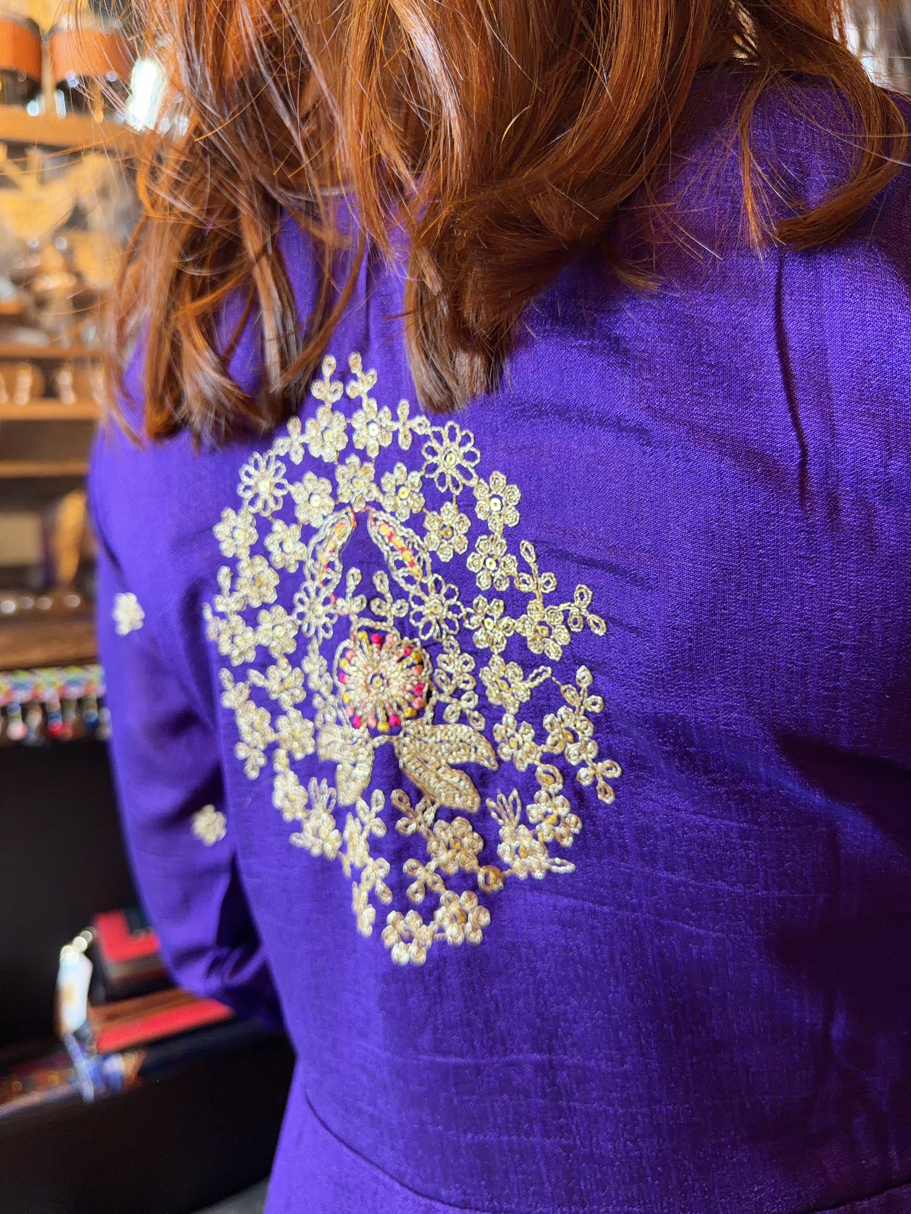 Iris Purple Gold Embrodiery V-neck Kurta 48" #1413