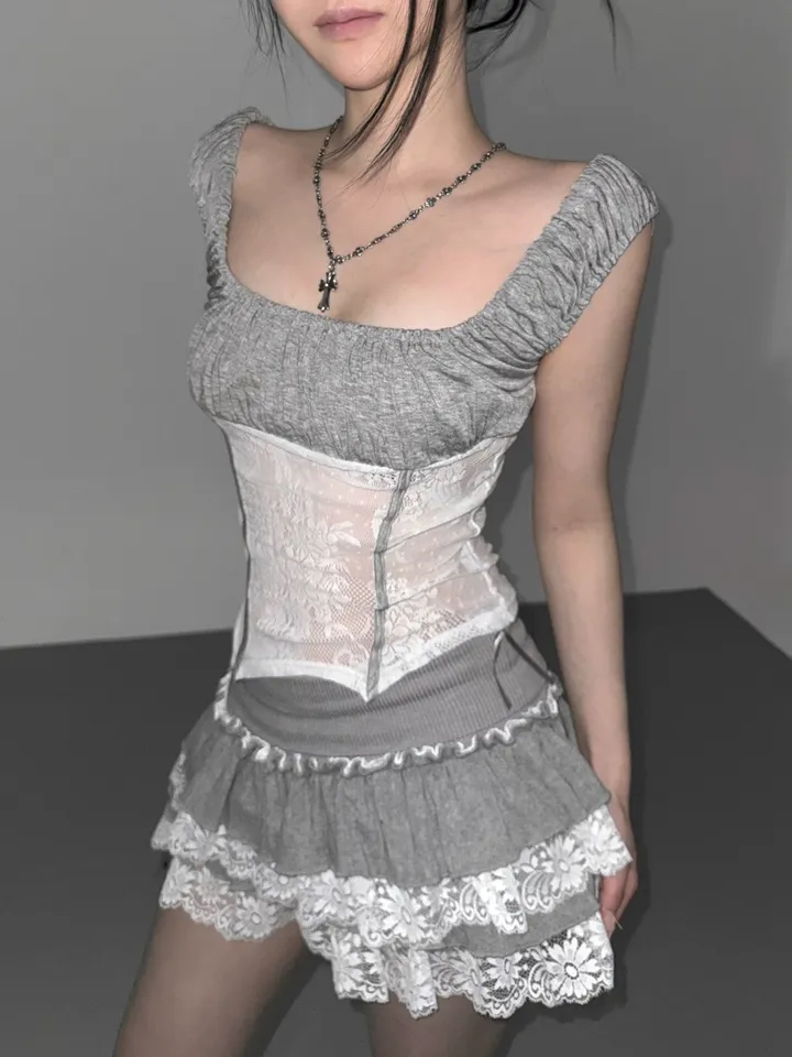 Ruched Sheer Lace Panel Corset Top