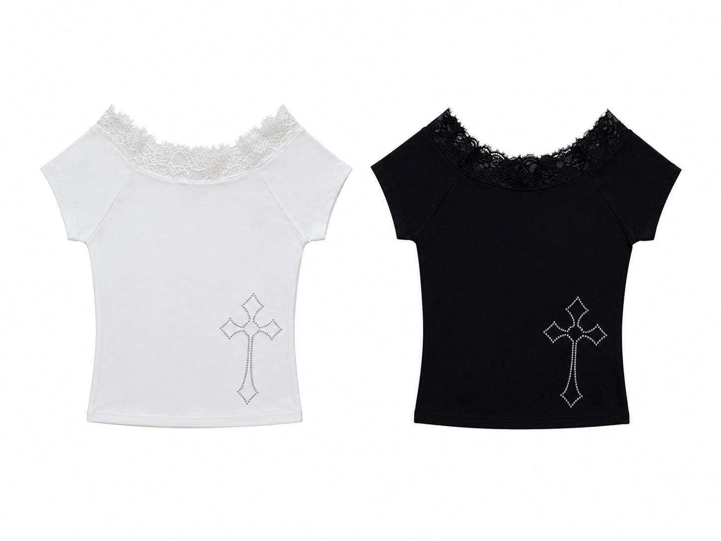 Rhinestone Cross Lace Trim Crop Top