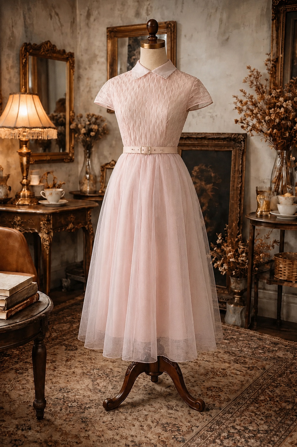 RARE! 1950s Blush Pink Gathered Textured Fit and Flare Gown and Belt/Day & Night Dress (MT916)