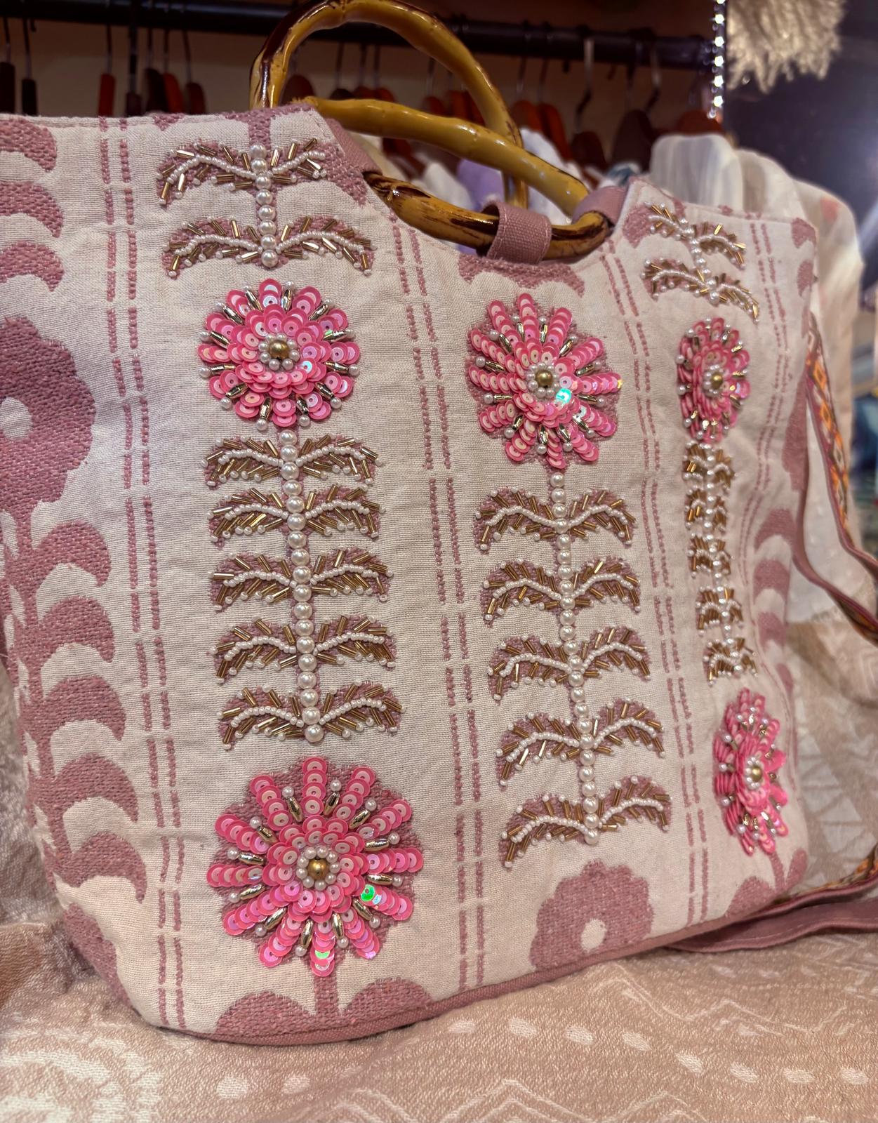 印度製造 - 粉紅色珠片刺繡木手挽袋