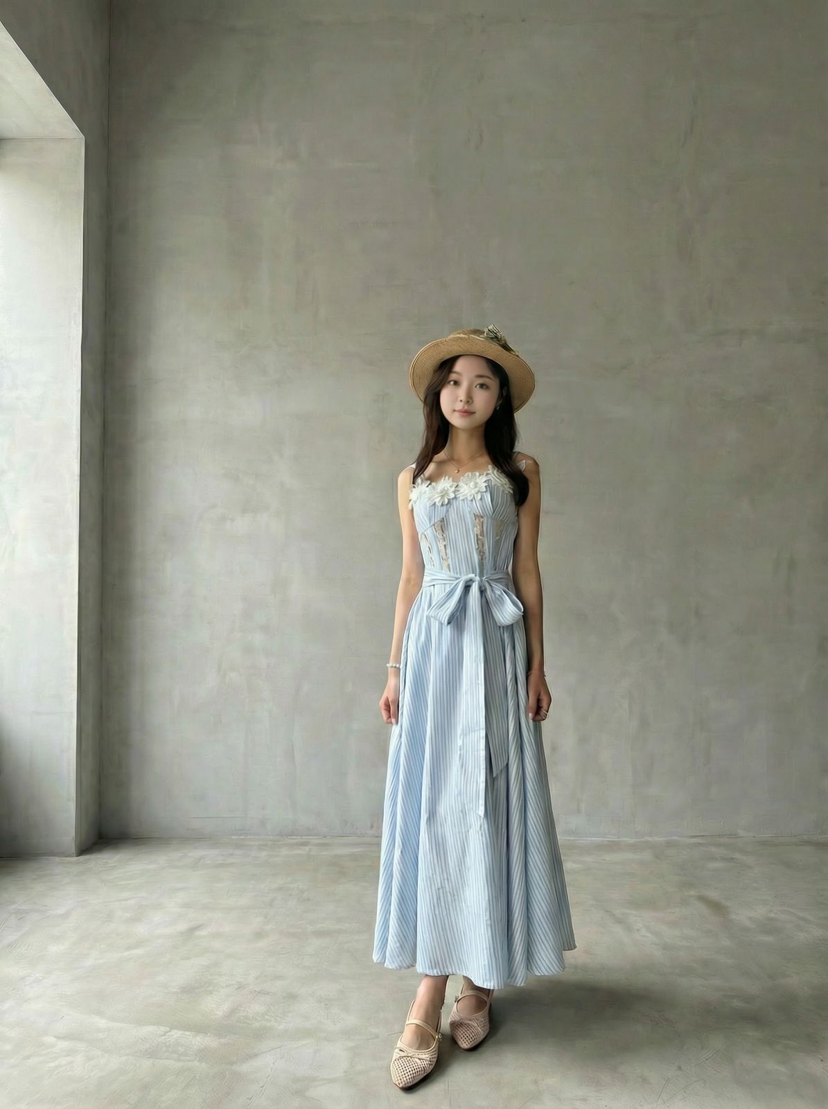 清新條紋花邊連衣裙