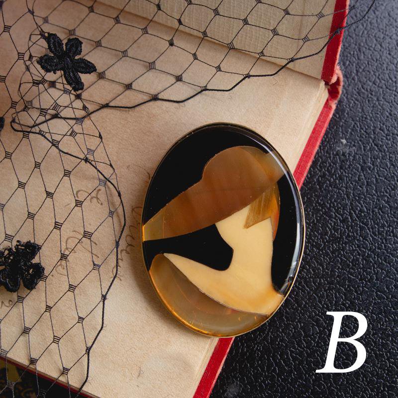 1960-70s Horn & Bone Inlay Short Hair Flapper Lady Oval Brooch/Pendant(NA0727)