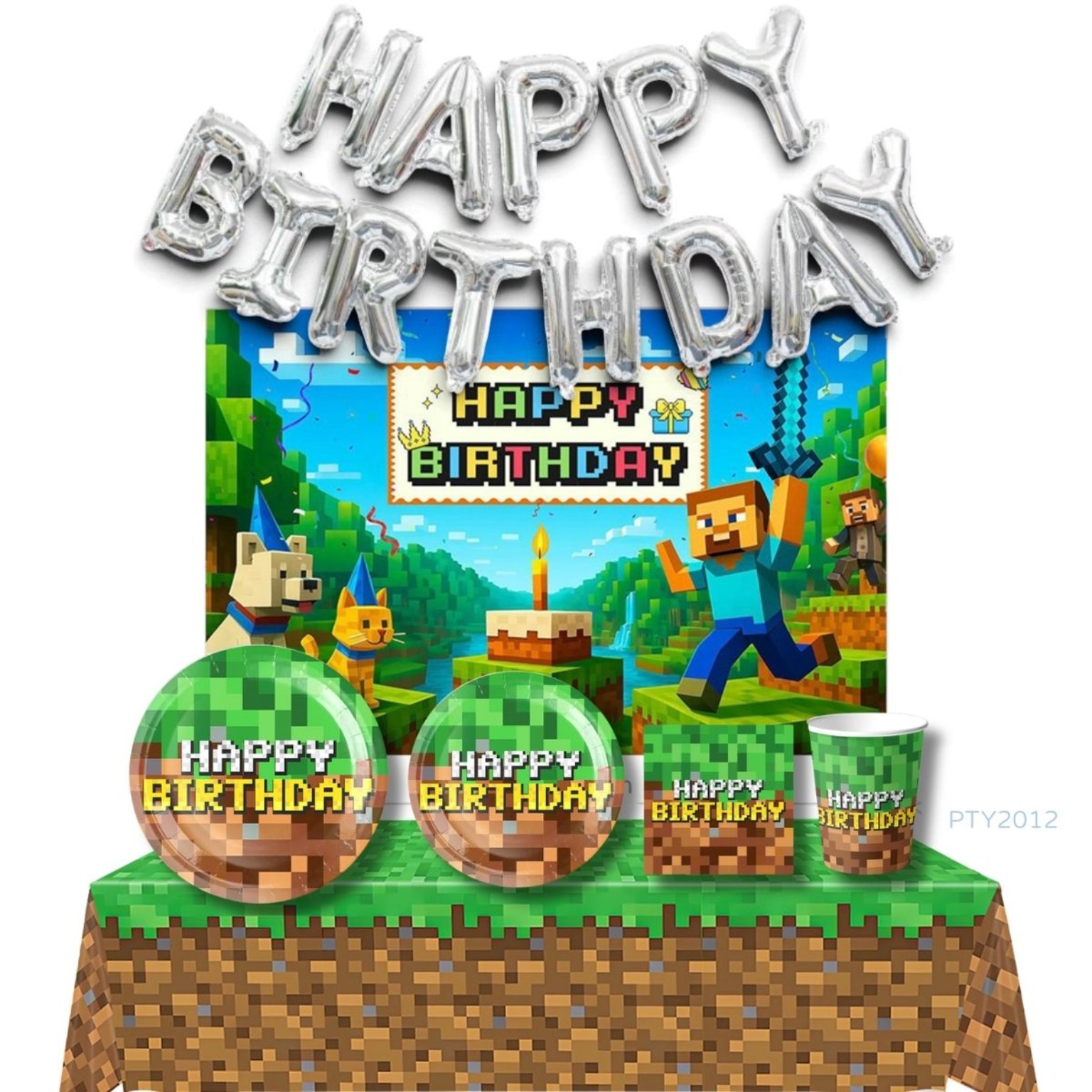 Minecraft 我的世界主題生日派對餐具套裝｜4款組合・背景布・數字氣球 PTY2012