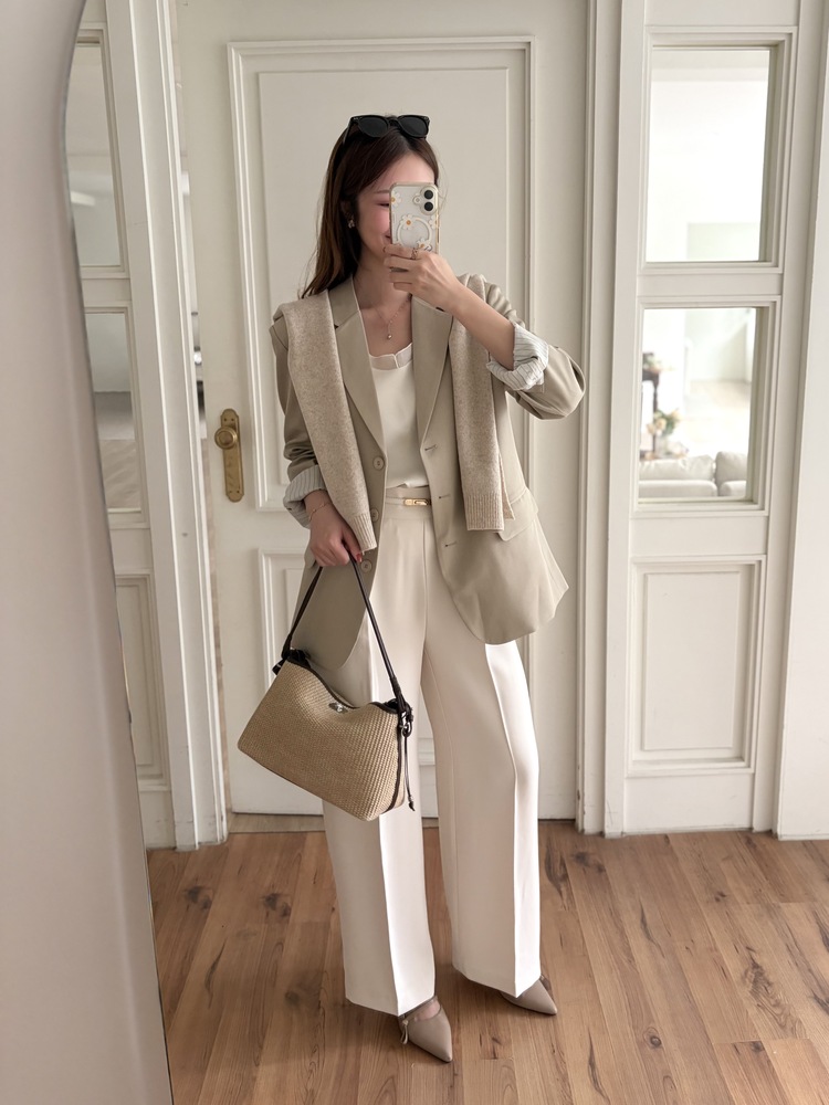 Margot Blazer with Striped Cuffs (Beige)