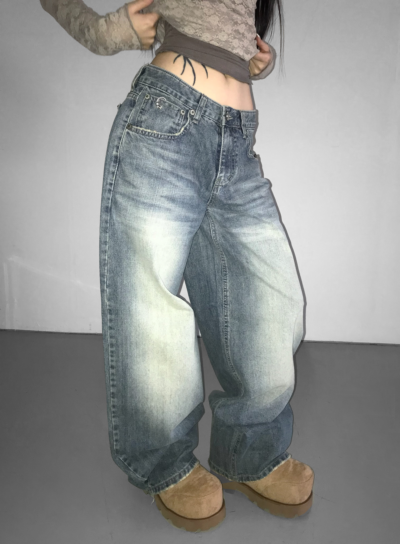Metal Hook Washed Wide-Leg Denim