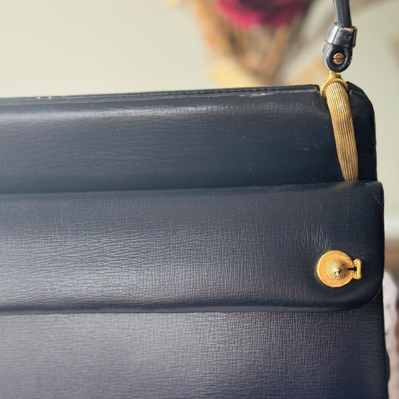 C.a. 1950-60s Elegant Navy Blue Structural Handbag with Golden Hardware (MT2123)