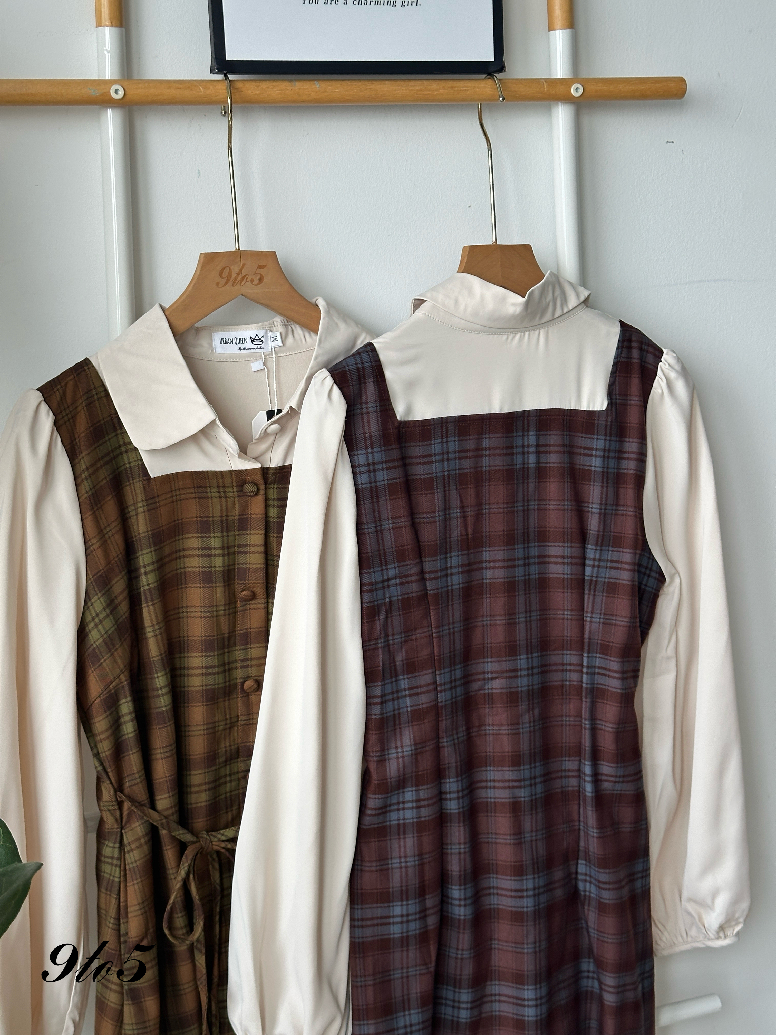 D2340 Fake Two-Piece Checker Dress - Chesnut & Olive