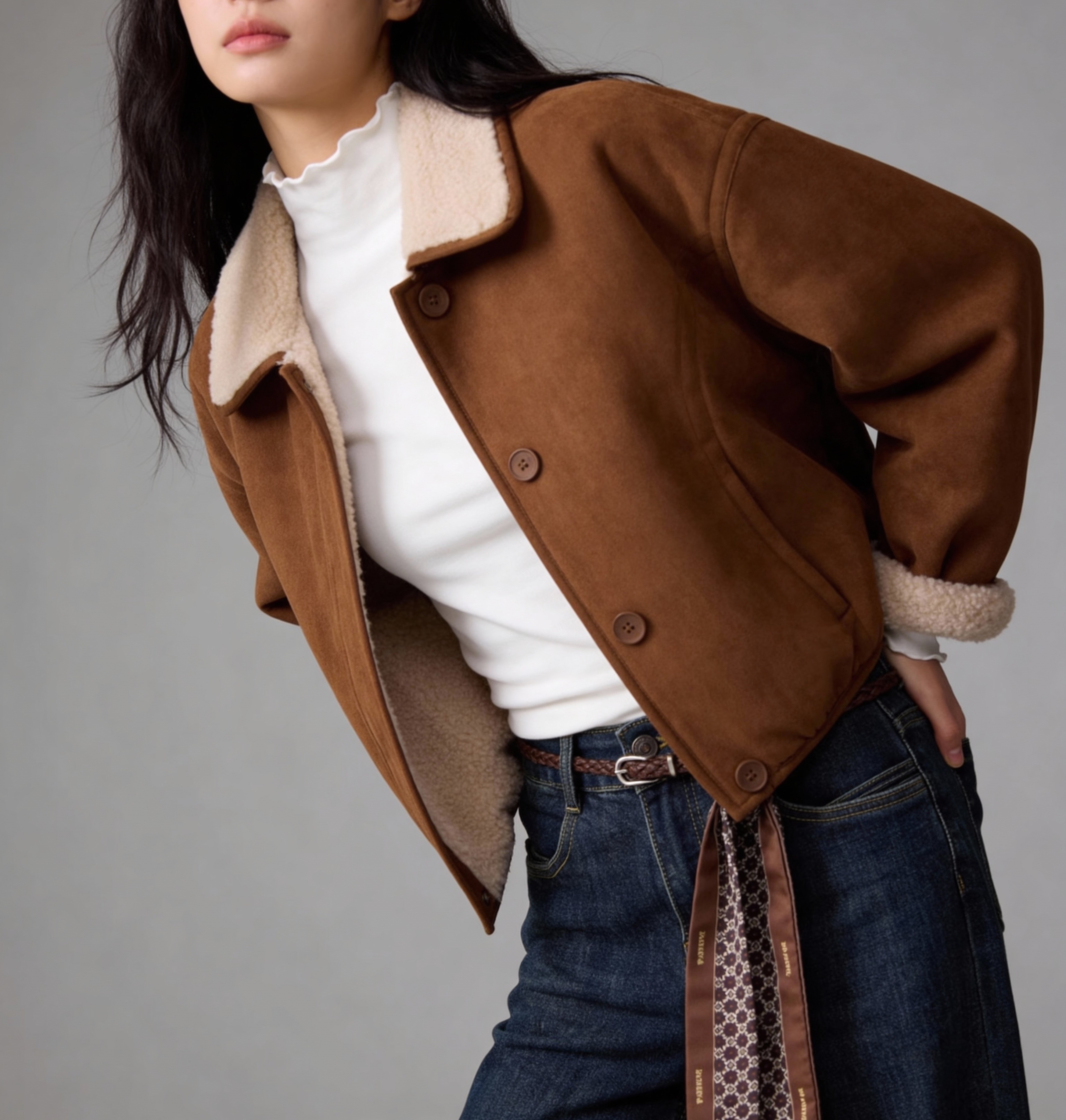 3233暖棕麂皮毛領 Bomber 短夾克