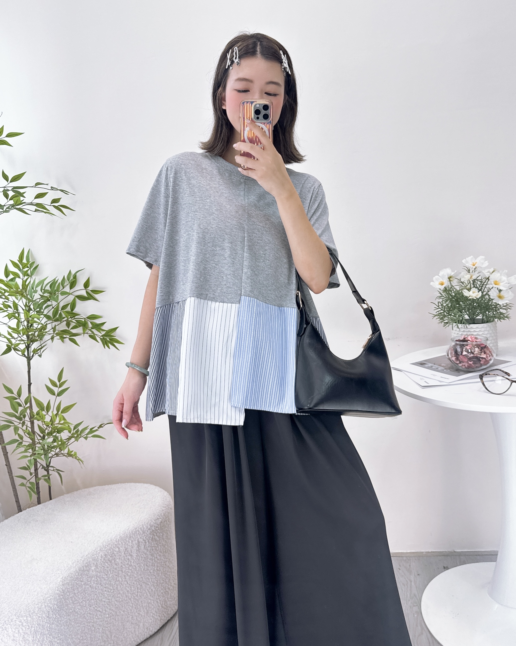 顯瘦拼摺條子布上衣 3色