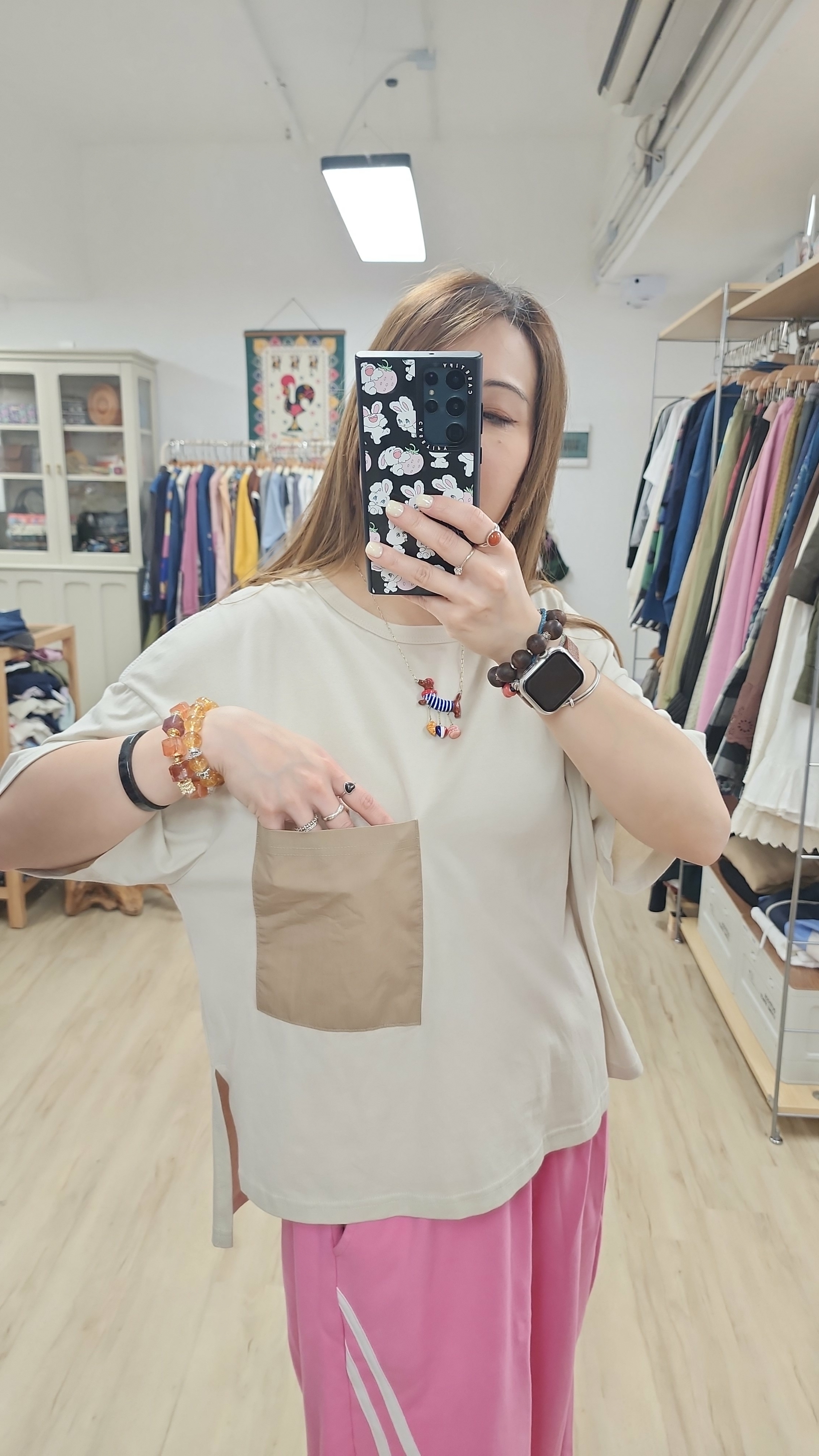 韓國杏拼啡單袋棉Tee