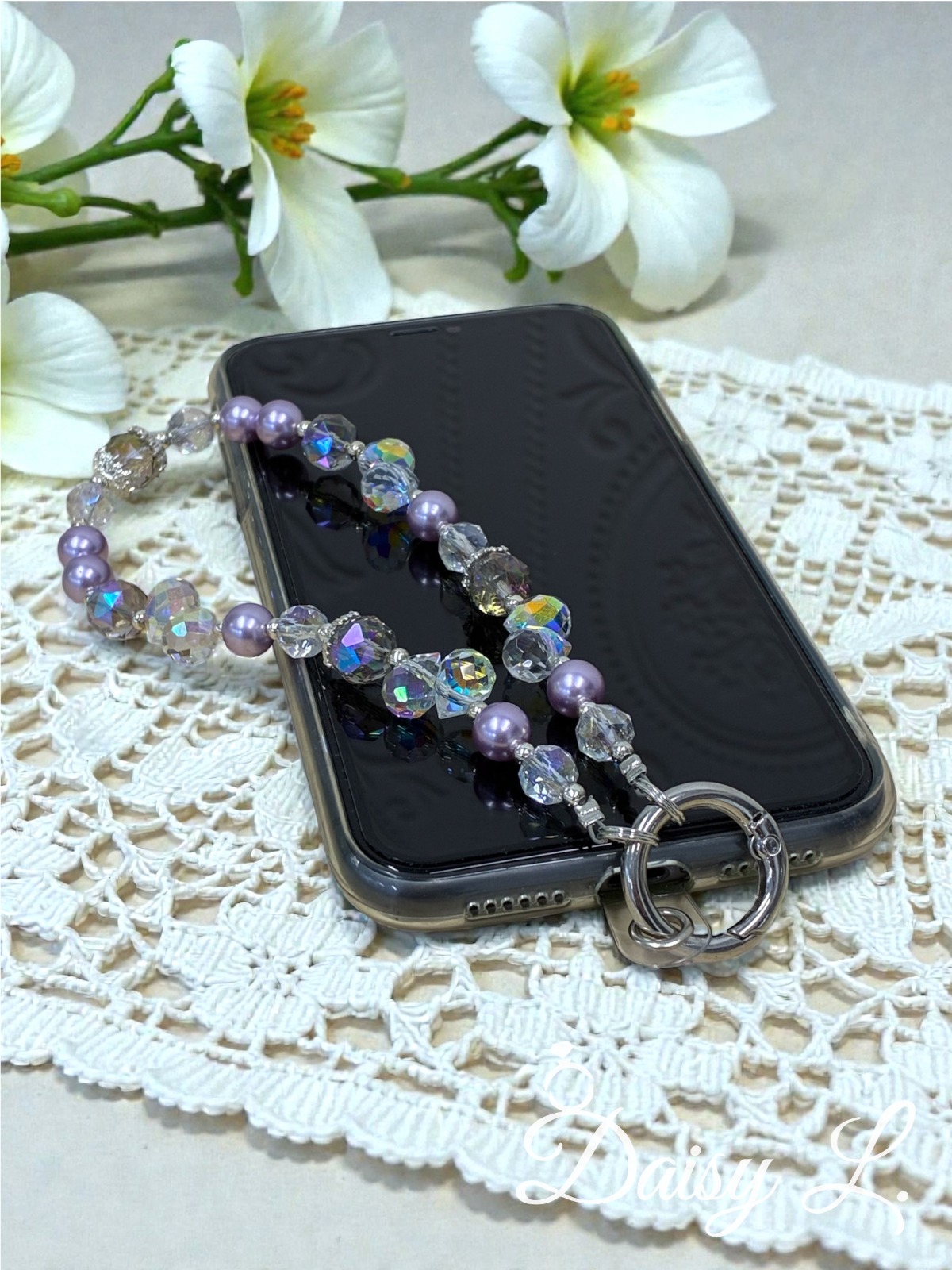 薰衣草色水晶手機掛繩