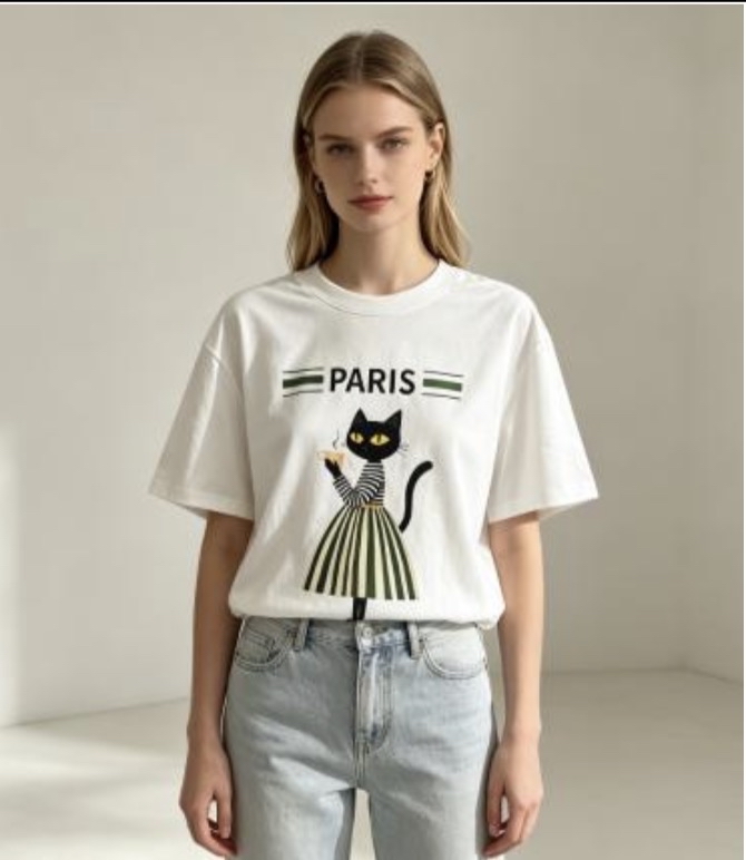 [訂購］ M043 Striped Lady Cat Graphic Tee 
