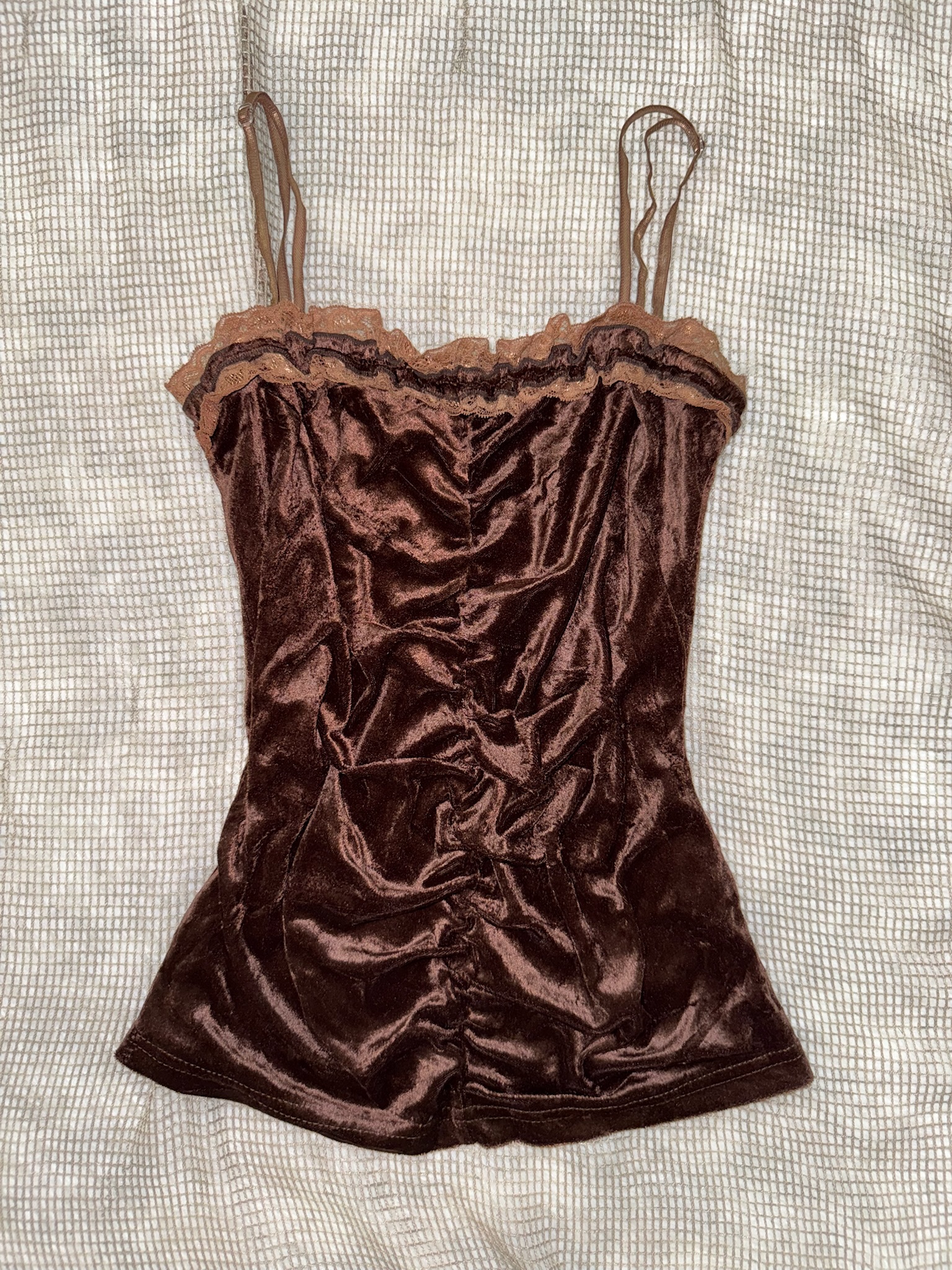 Vintage Chocolate Velvet Top with Caramel Lace Trim