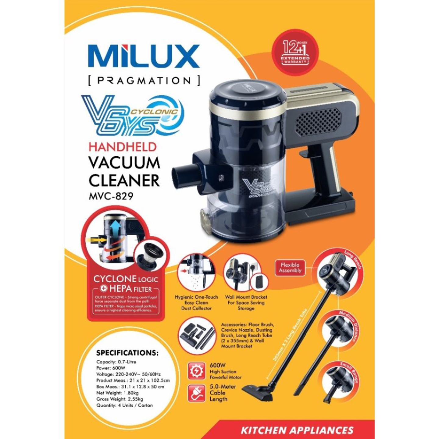 Milux 1200W Cyclonic Vacuum Cleaner (MVC-829)