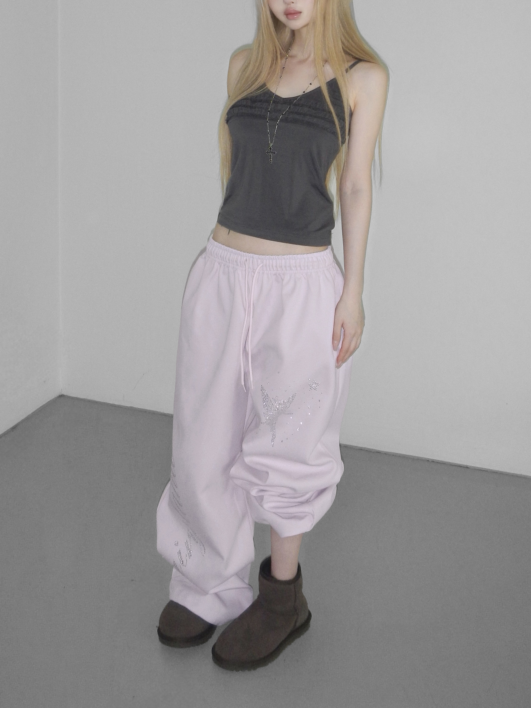 Rhinestone Graphic Wide-Leg Pants
