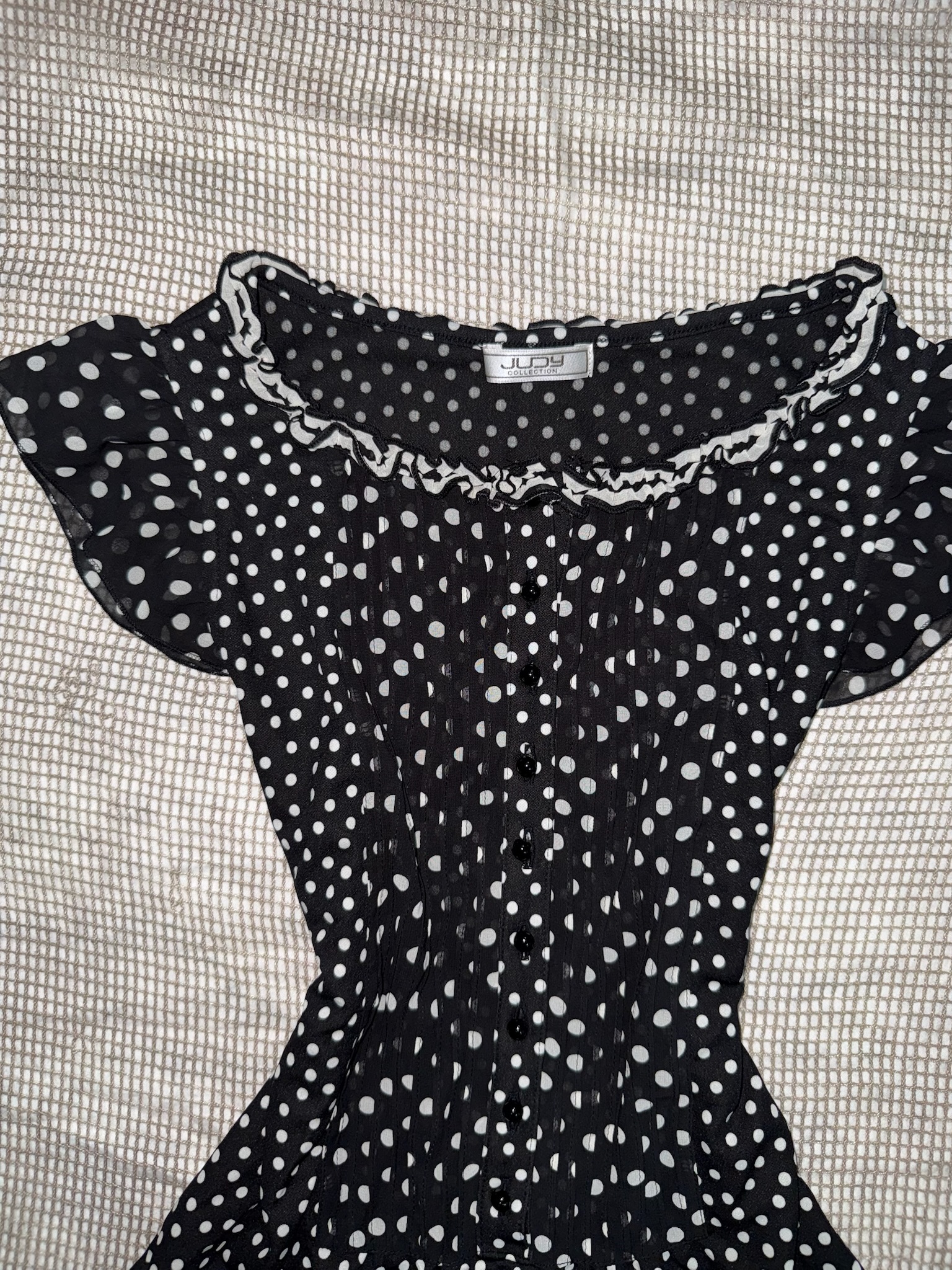Retro Dot Print Smocked Waist Chiffon Blouse