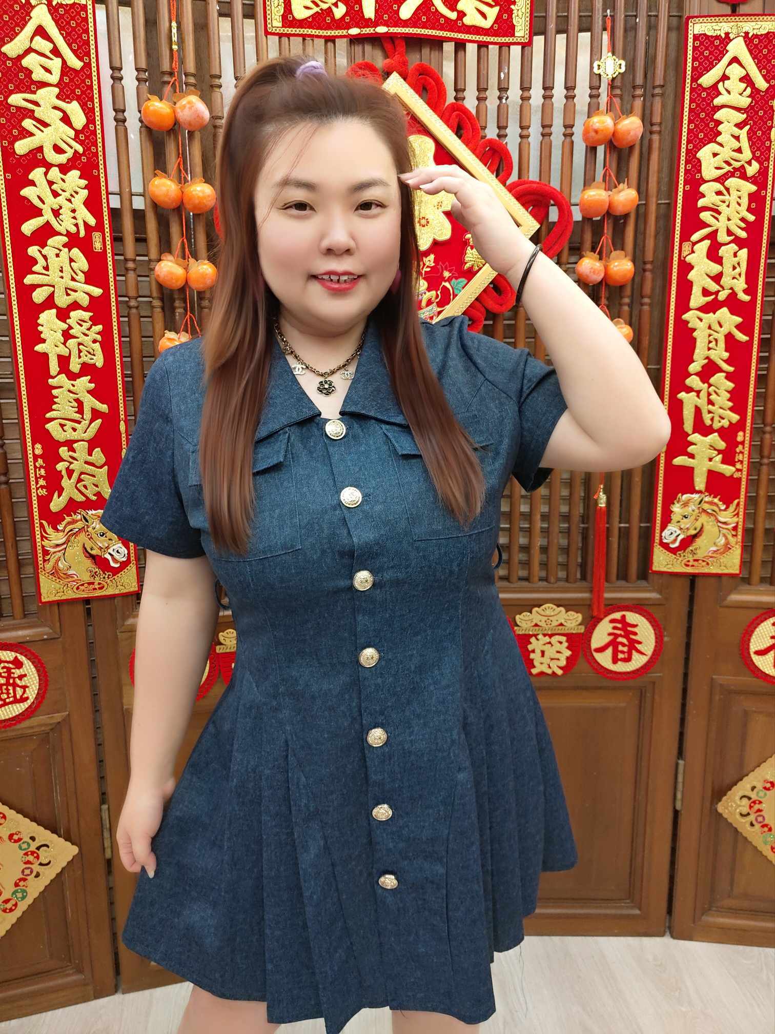 NJE07 TW#5668 翻领拼百褶裙摆连衣裙