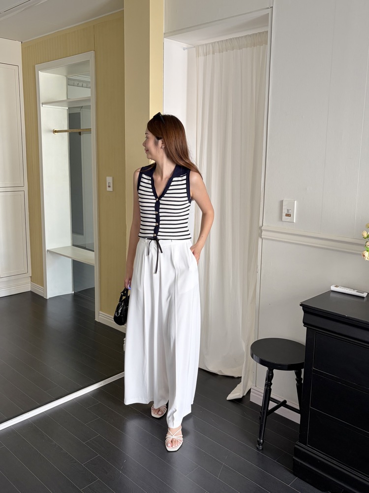 [超涼!!] Contrast Belt Wide Leg Slacks (White)