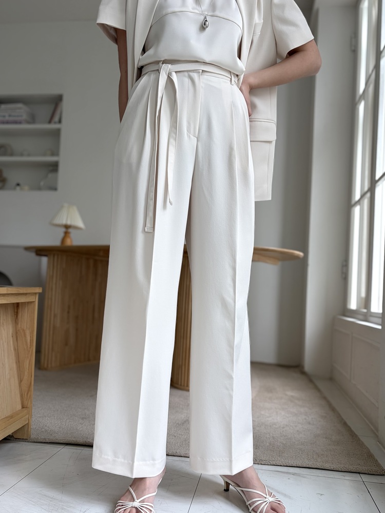 Aveline Belted Straight Slacks (Ivory)