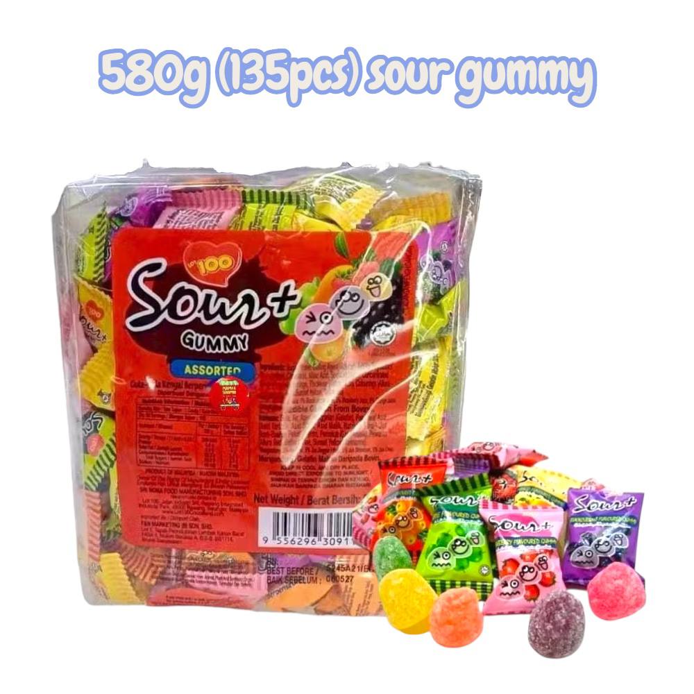 Lot 100 Sour+ Assorted Fruit Gummy [Strawberry / Blackcurrant / Mango / Apple/ Orange] 580g