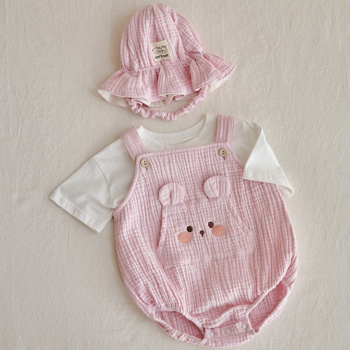 26S/S DTD奶萌人物系列 - 有機棉紗背帶爬服 / 娃娃帽