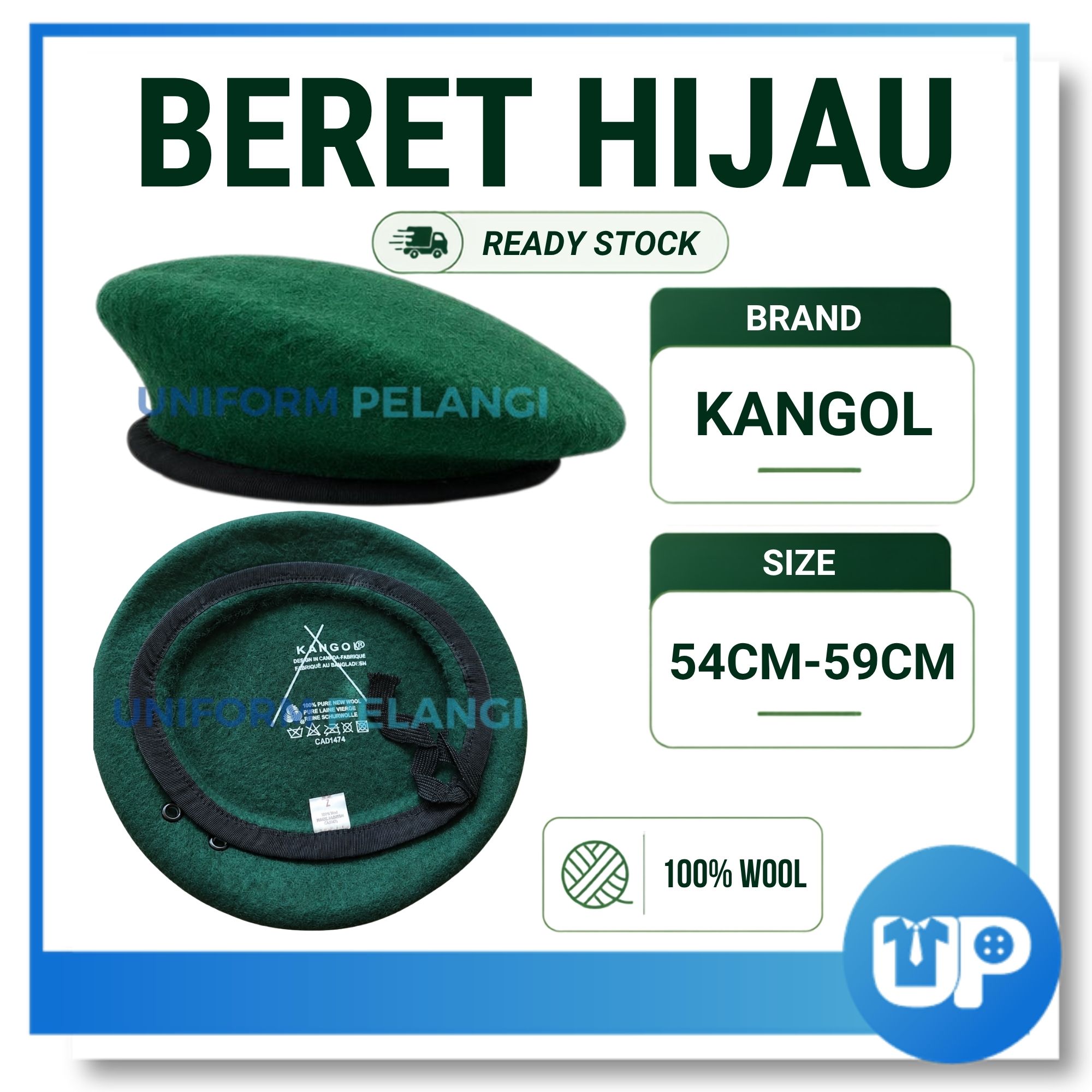 KANGOL Beret Hijau Sekolah Kokurikulum Beruniform Persatuan 100% Wool Brand Kangol