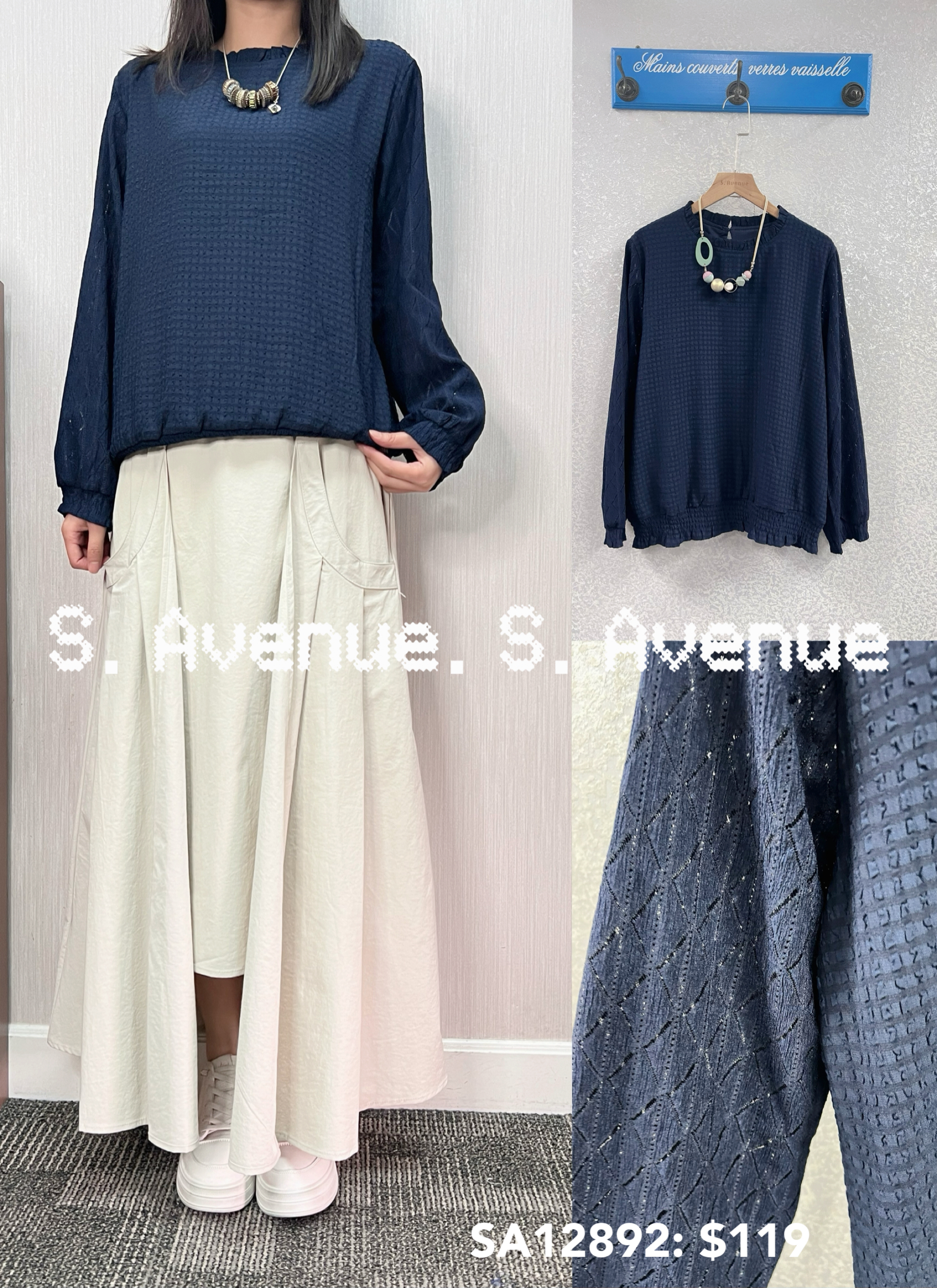 SA12892: 長袖花邊領下橡根top