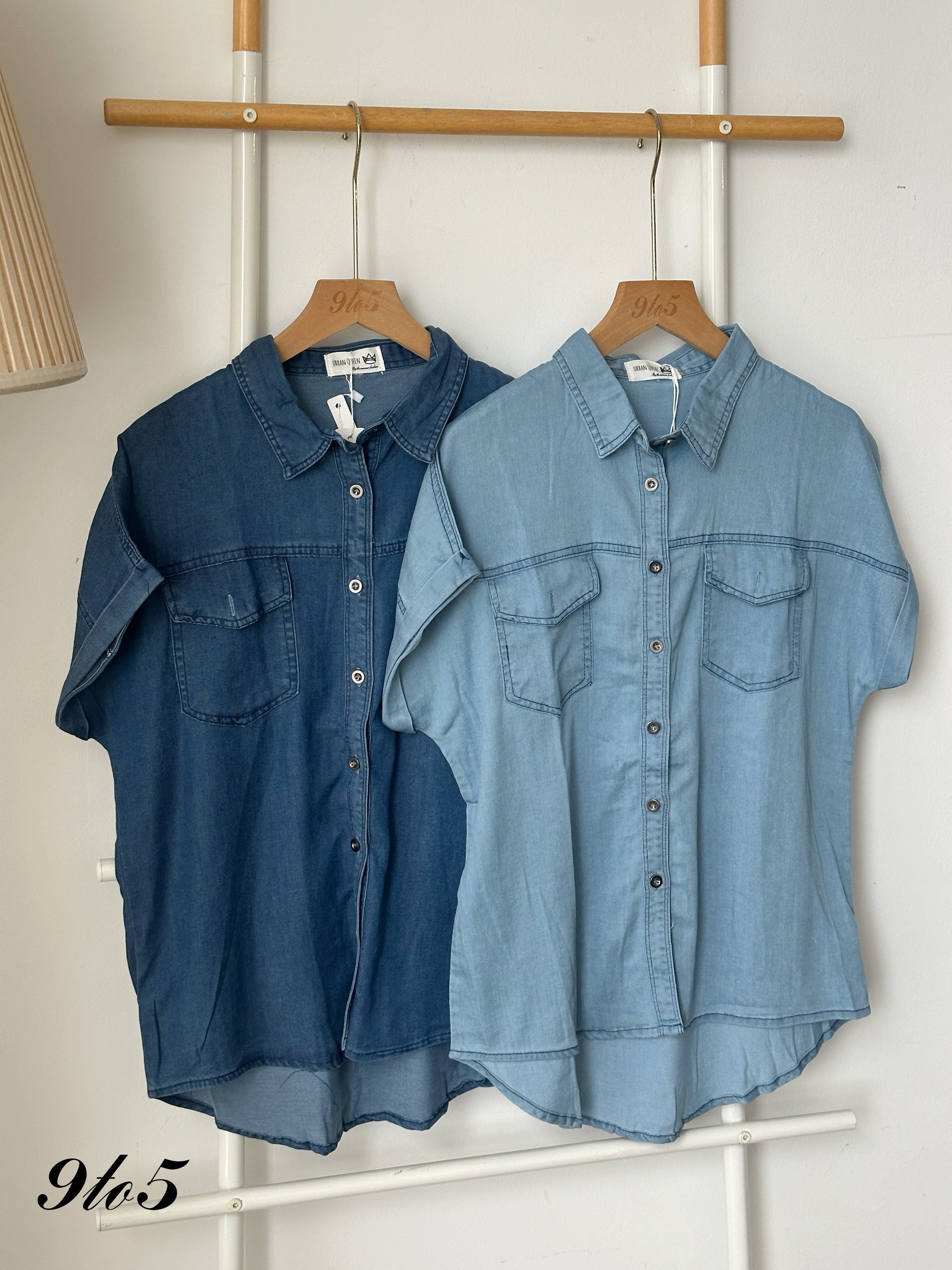 T4103 Cape Sleeve Denim Shirt - Dark Blue & Light Blue