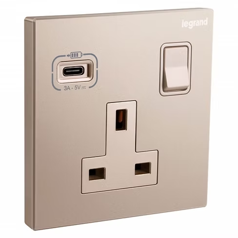 Legrand Galion 玫瑰金 13A單蘇有掣連Type C USB 插座