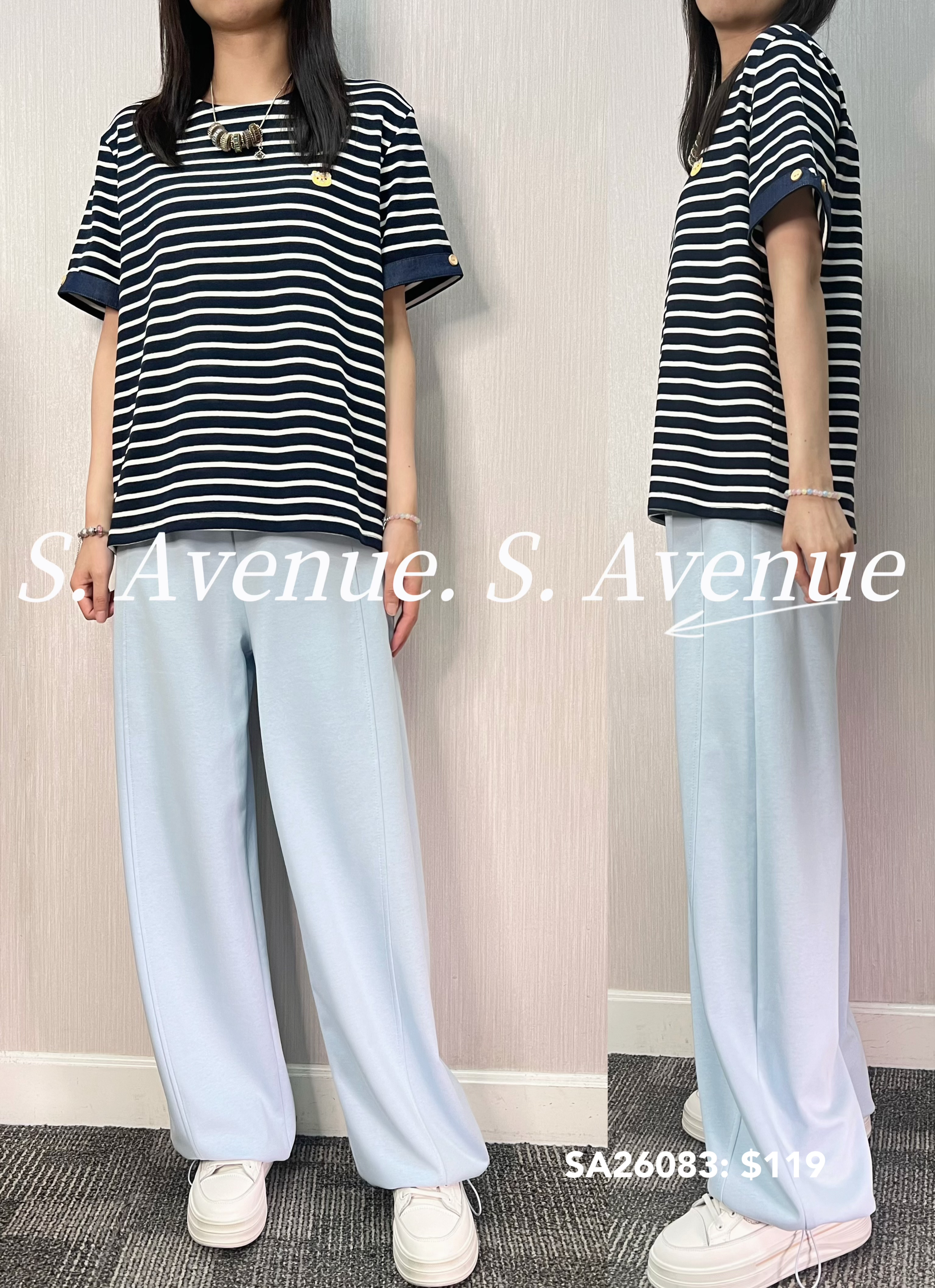 SA26083: 短袖反袖邊間條tee