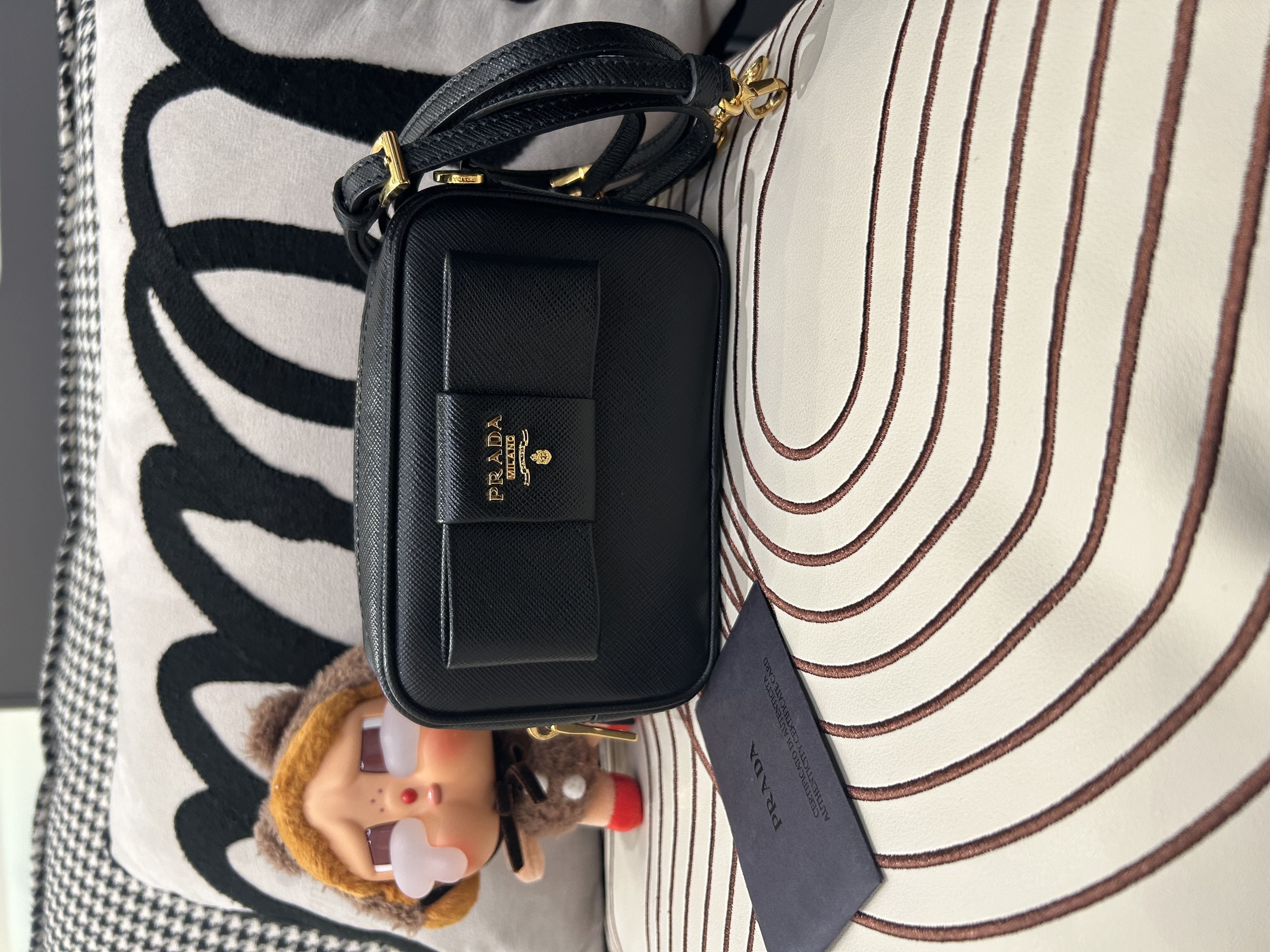 Prada 1NF674 Ribbon Shoulder Bag Saffiano Leather Black 100%Authentic ,98%new ✅Certificate ✅Card ✅strap