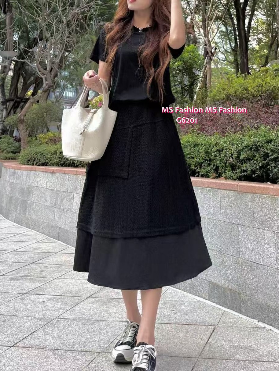 G6201 韓國🇰🇷假兩件拼布連身裙