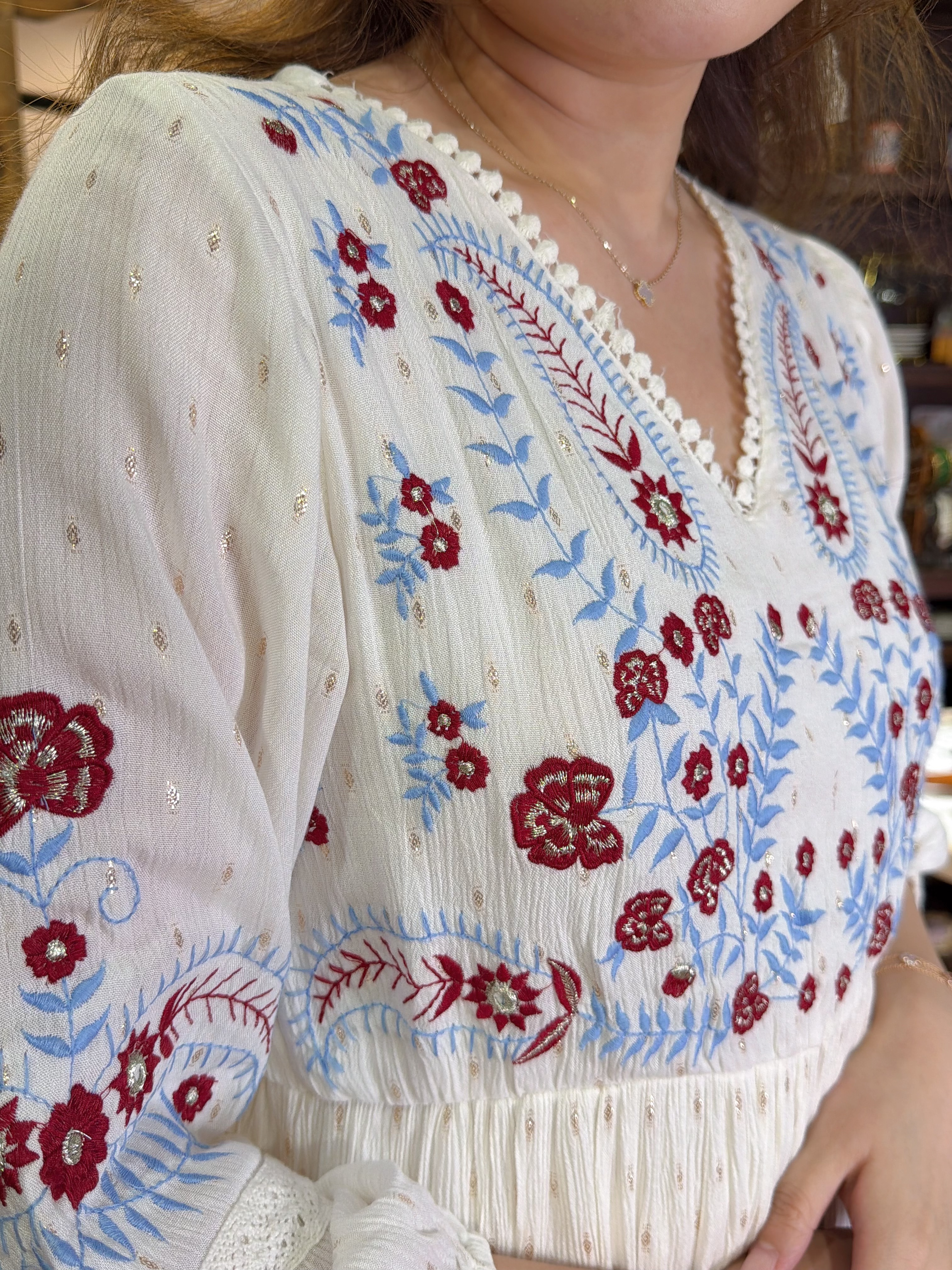 2113 Pure White V  Neck Floral Emb OP 53"