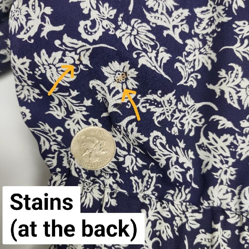Vintage Korean Navy Blue and White Floral Pattern Lace Collar Shirt Dress with Two Front Pockets (MT1608-102)