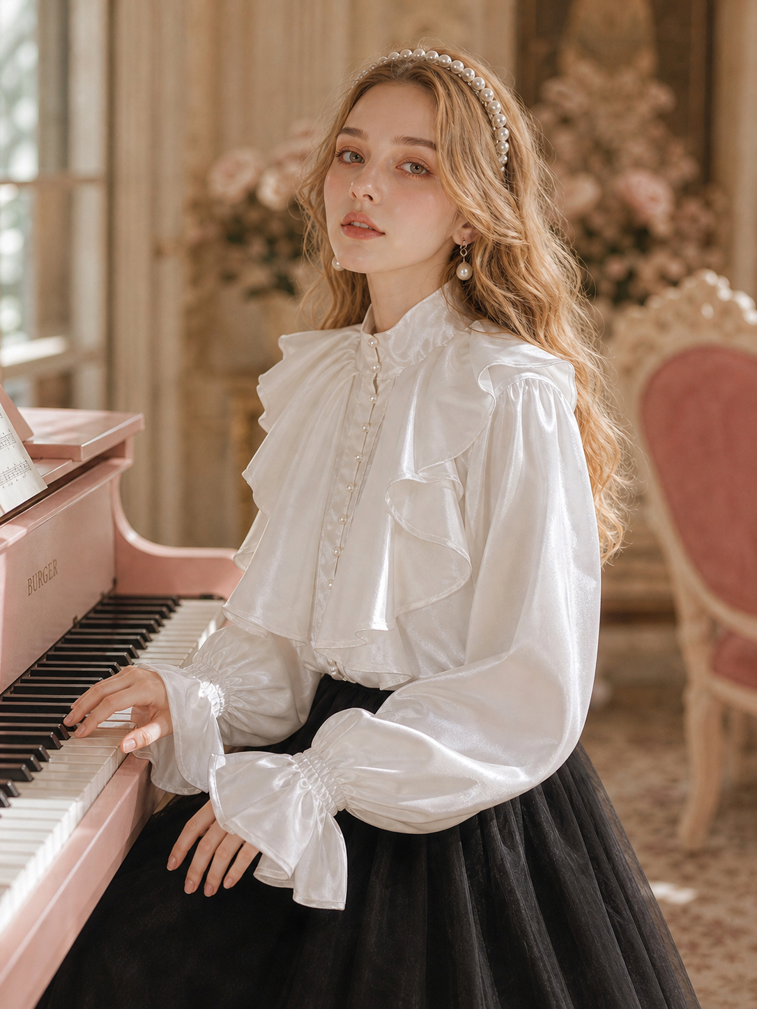 銀河私語維多利亞珍珠荷葉宮廷襯衫Whispers of the Galaxy: Victorian Pearl Ruffle Court Blouse