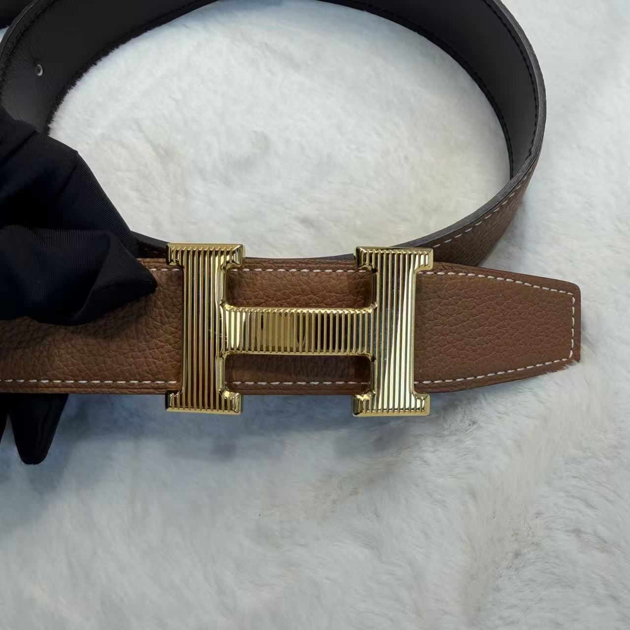 Hermes牛皮皮帶棕色金扣