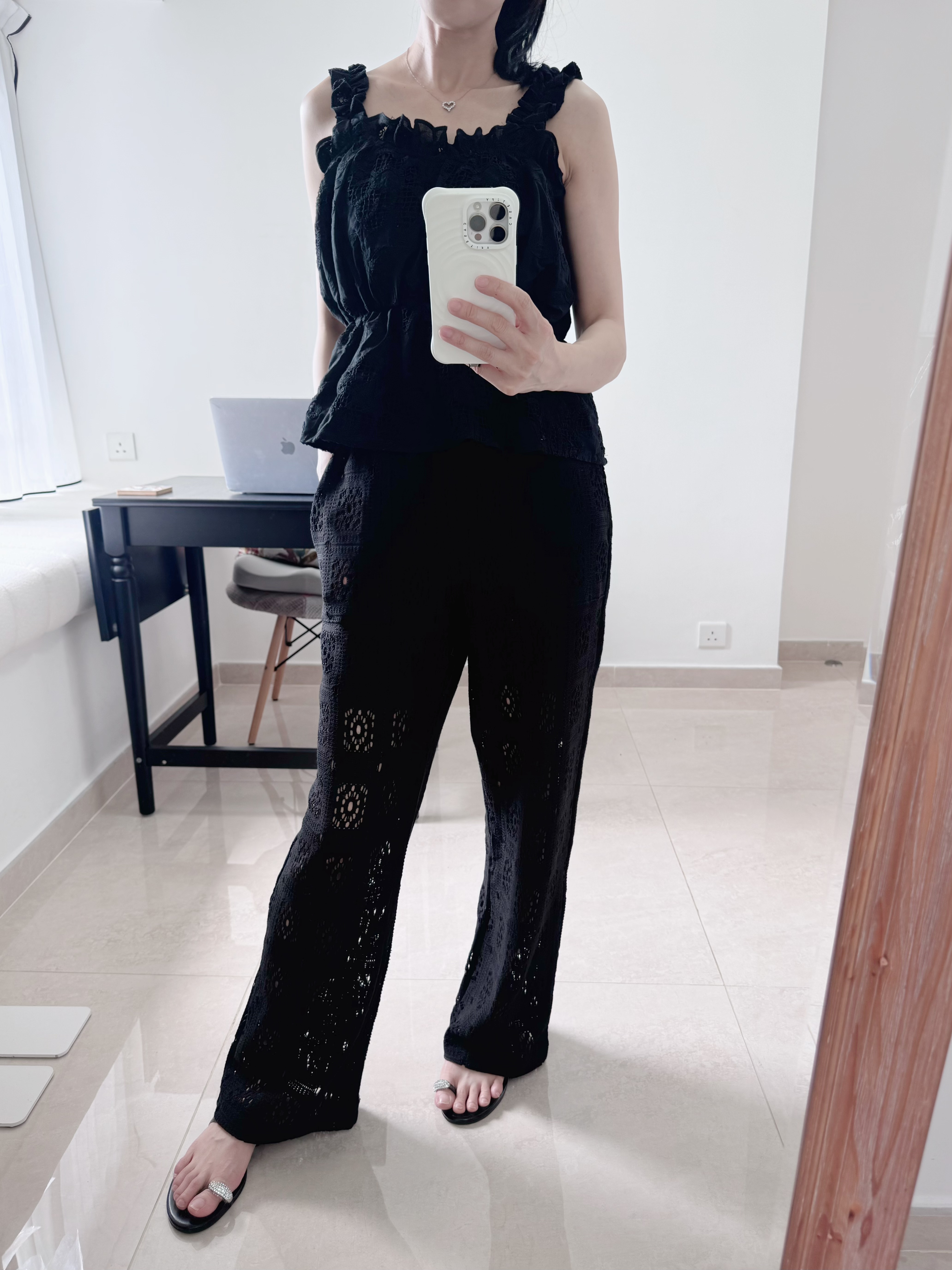 Crochet straight leisure pants (Black)