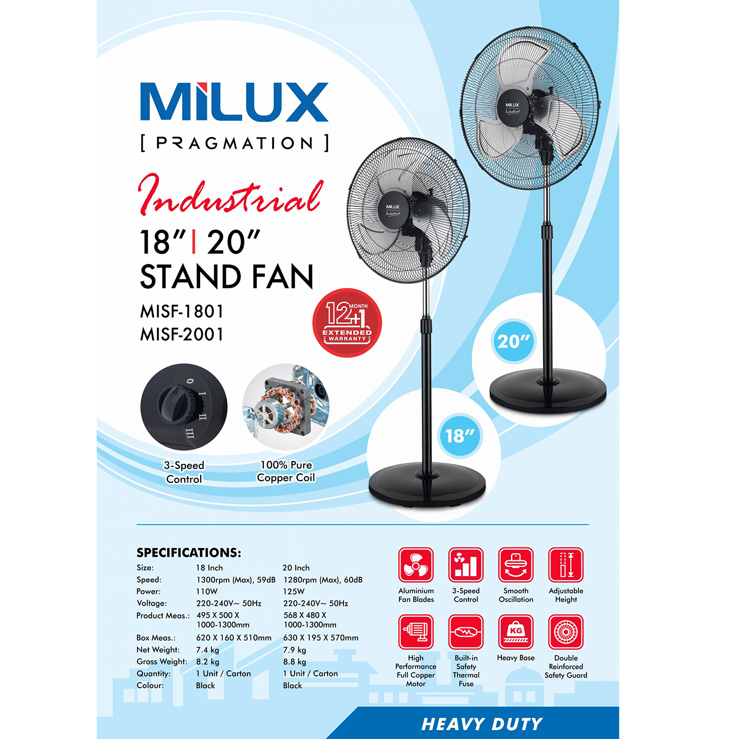Milux 18" 110W Industrial Stand Fan (MISF-1801)