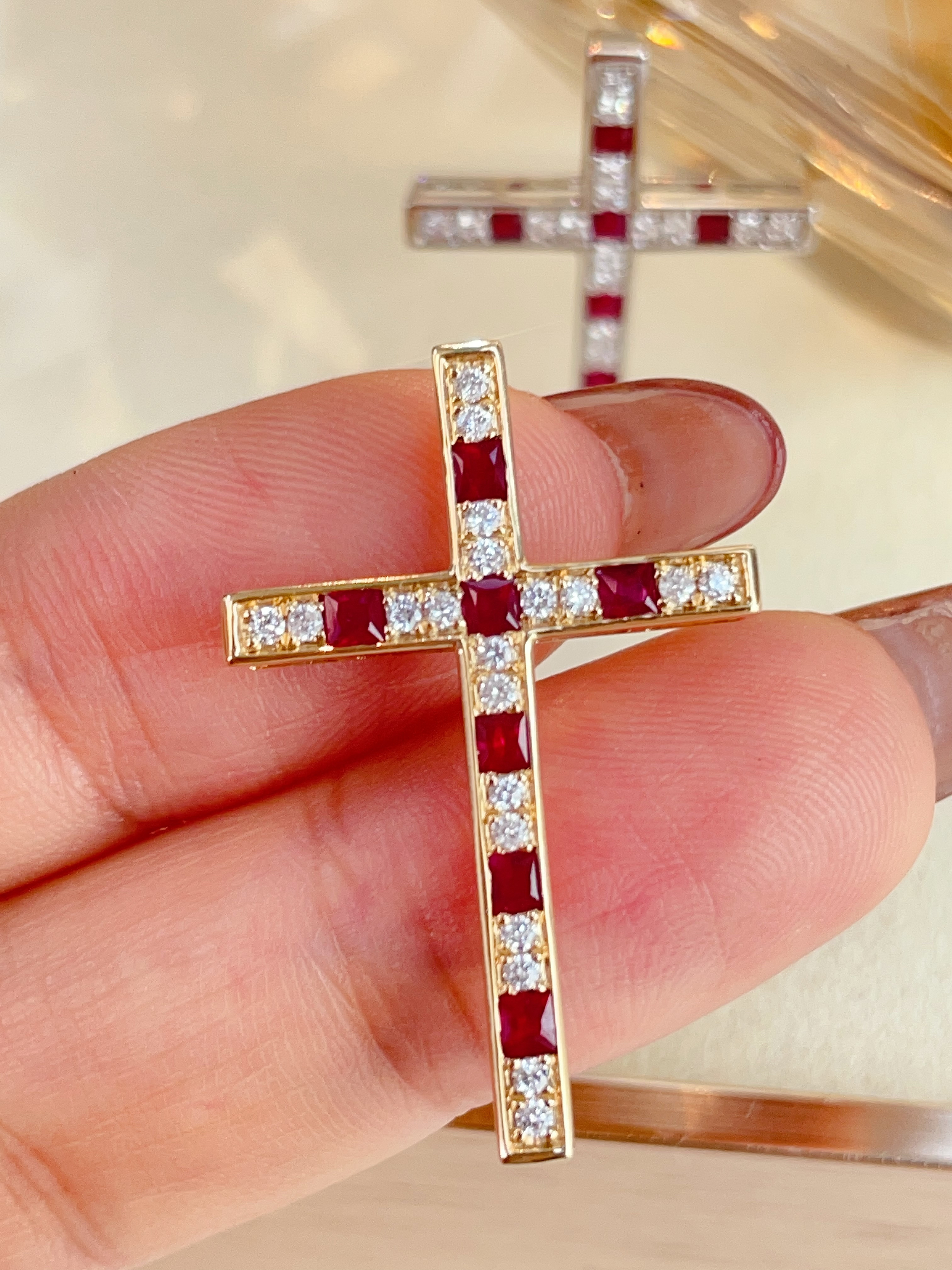 Ruby & Diamond Channel-Set Cross Pendants N031357/031356