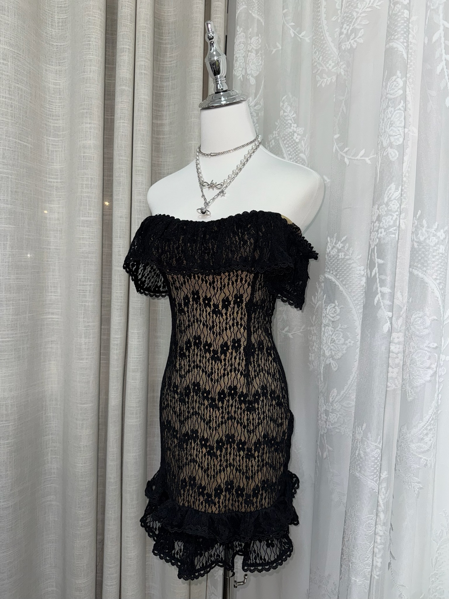 3-Way Wear Off-Shoulder Black Lace Overlay Dress