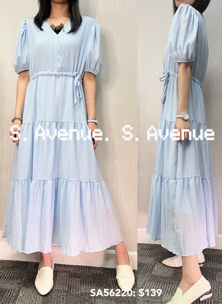 SA56220: 泡泡袖V領束腰長裙