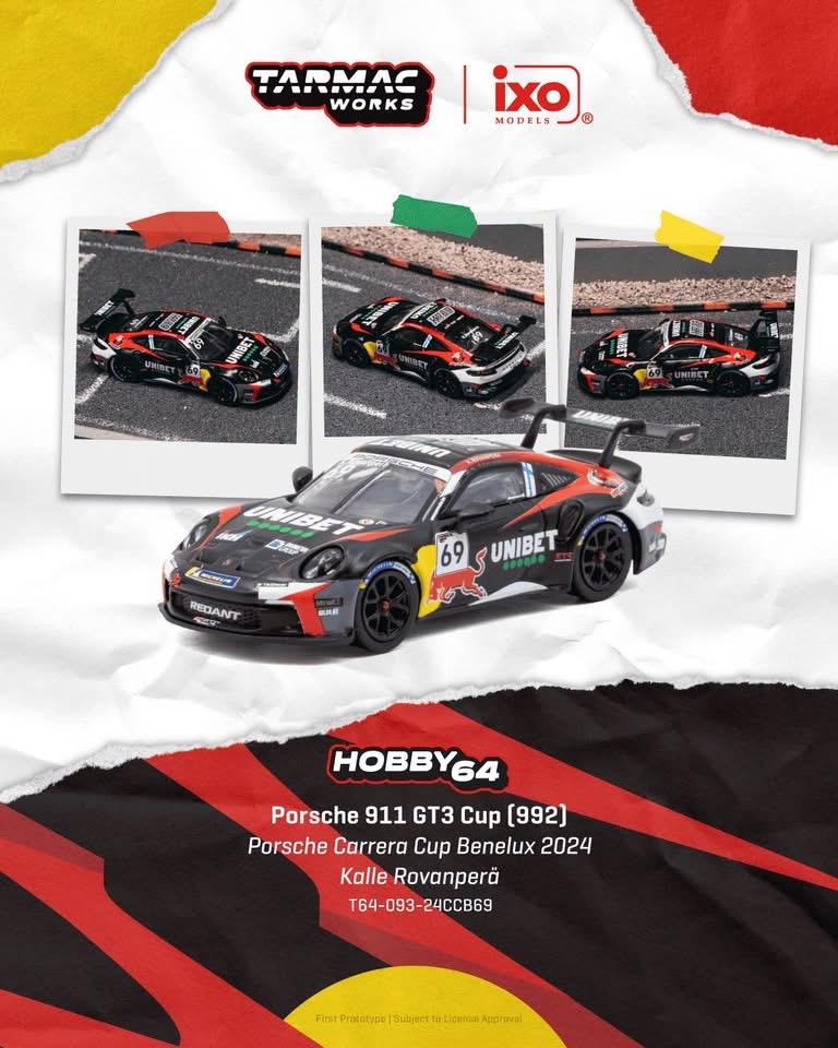 (預訂 Pre Order) Tarmac Works  ( T64-093-24CCB69 ) Porsche 911 GT3 Cup (992) Porsche Carrera Cup Benelux 2024 Kalle Rovanperä