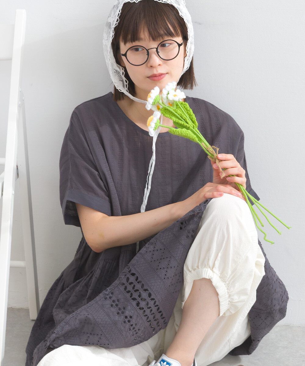 LP - 印度棉質拼布花邊襯衫 (碳灰色)