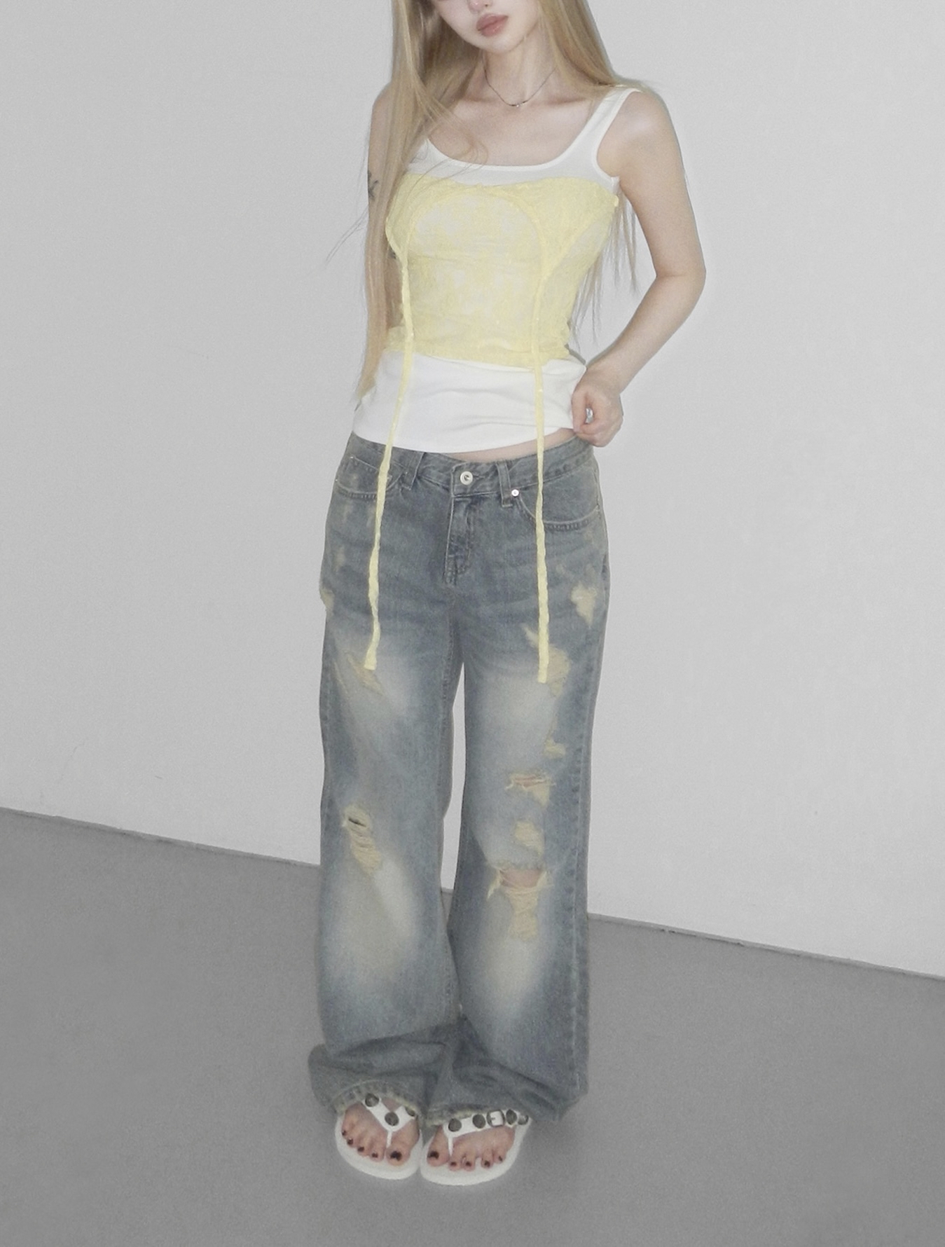 Distressed Washed Wide-Leg Pants